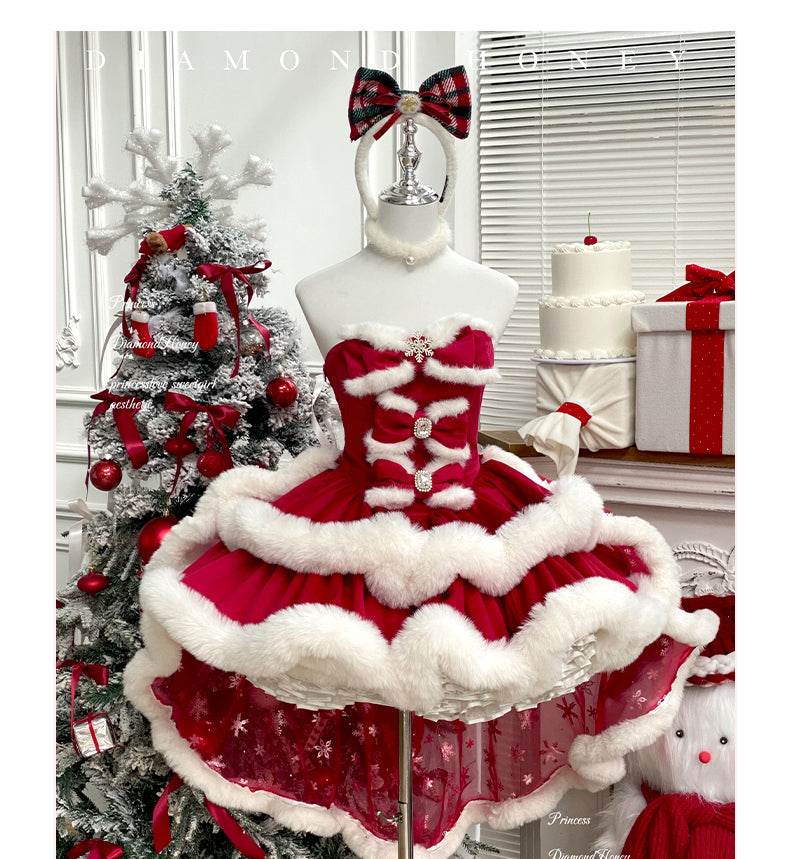 Snow Princess Christmas Party Dress — Winter Lolita Prom Style, Faux-Fur Trim & Detachable Train