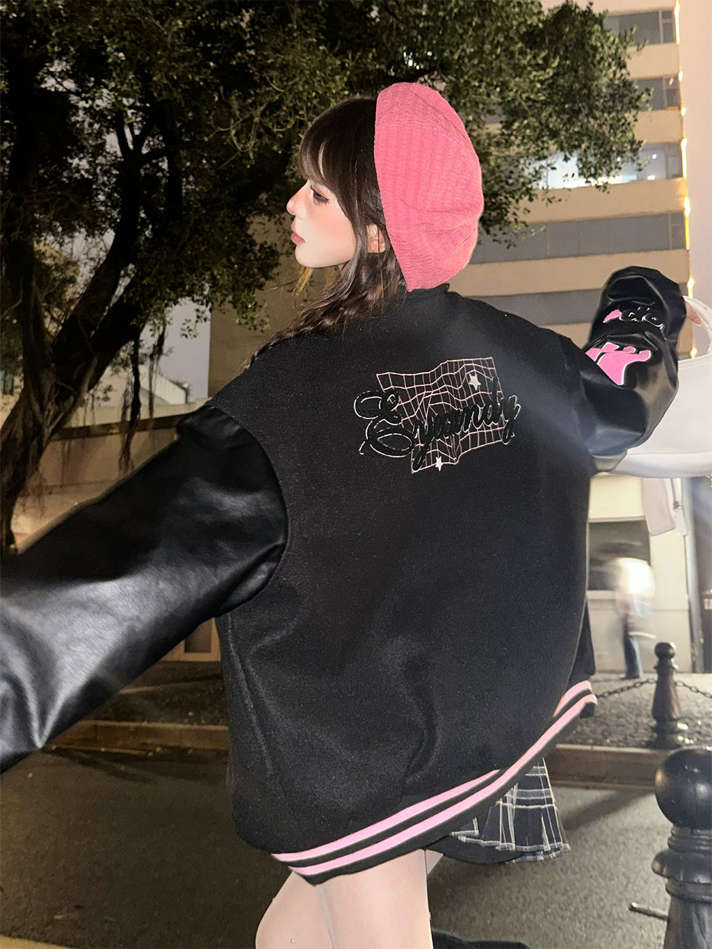 Kawaii Fuzzy Embroidered Varsity Jacket – Oversized Sweet-Punk Bomber for Fall/Winter