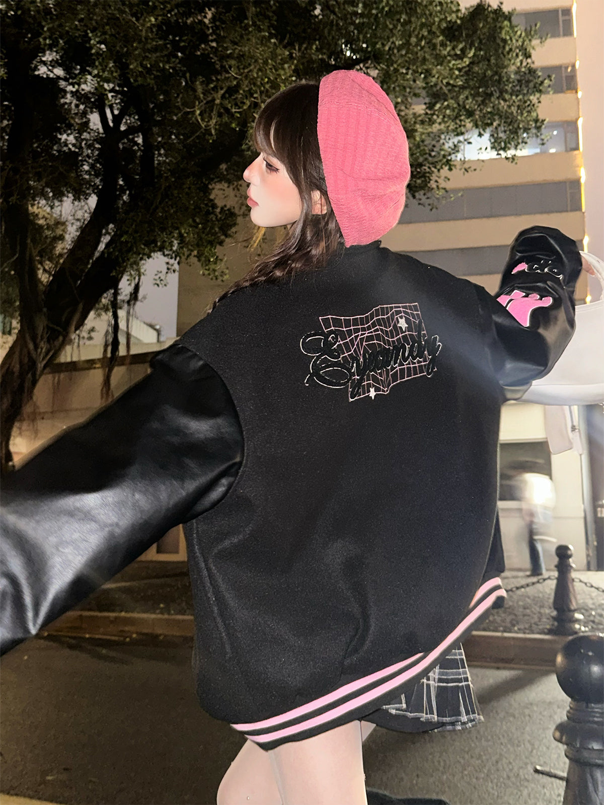 Kawaii Fuzzy Embroidered Varsity Jacket – Oversized Sweet-Punk Bomber for Fall/Winter