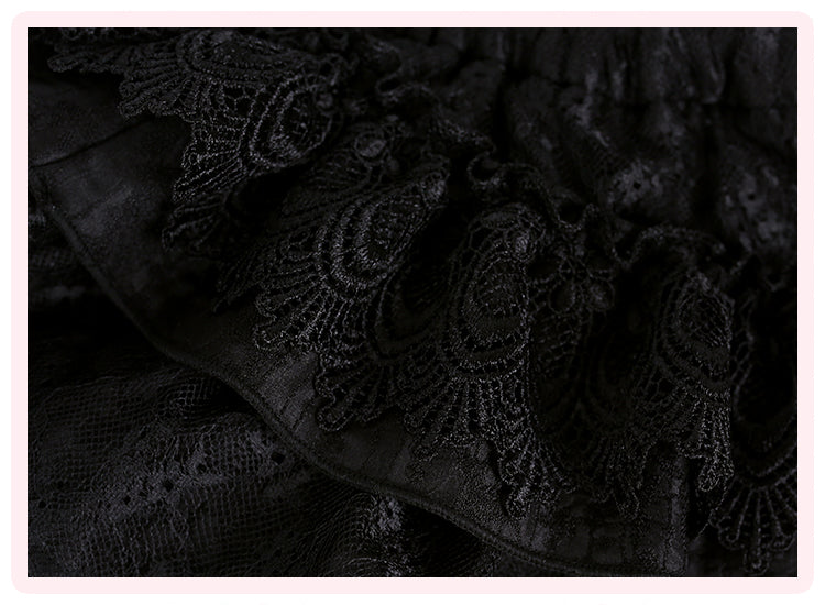 Kawaii Black Lace Ruffle Mini Dress – Sweet Gothic Lolita with Cape & Bow Accents