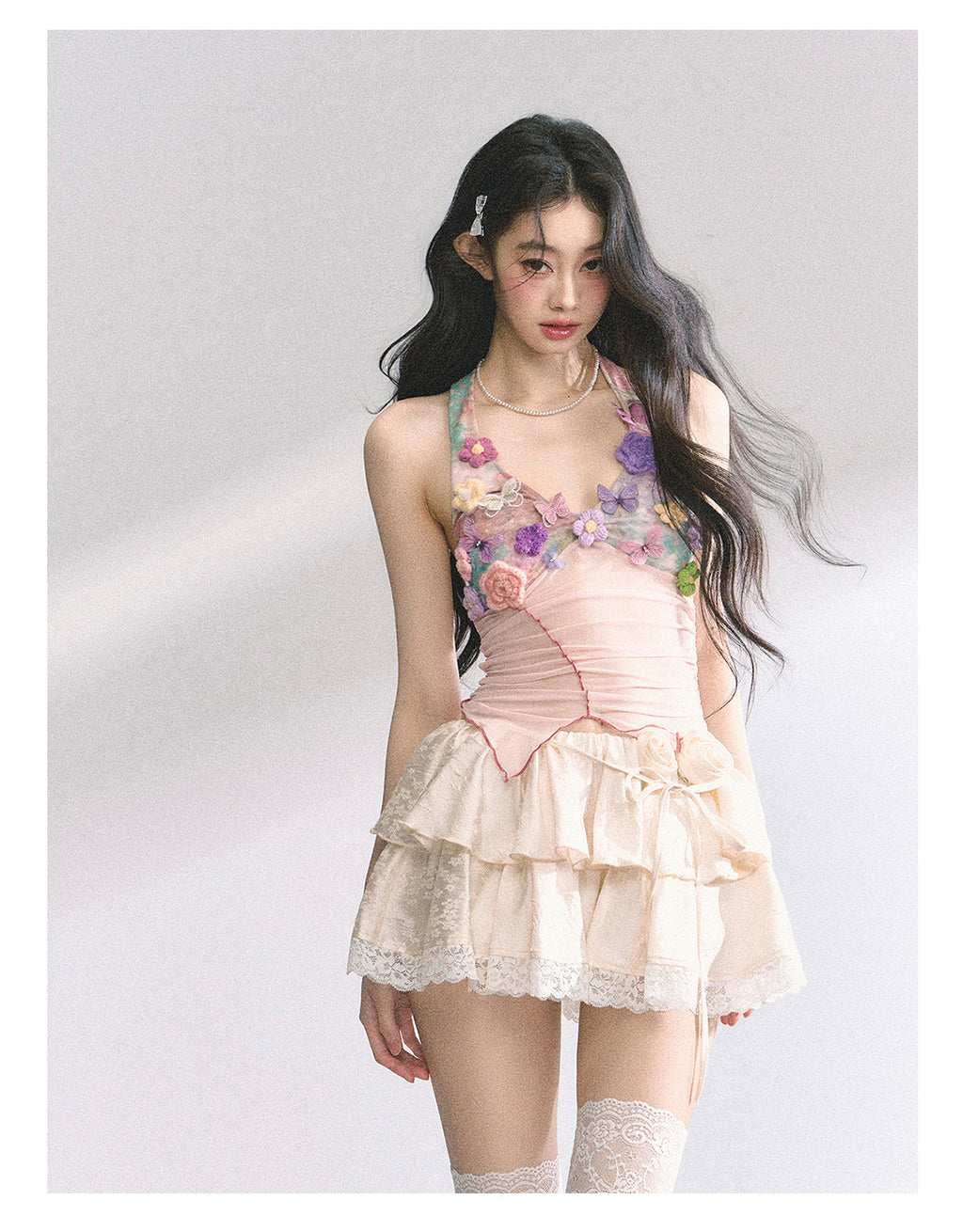 Floral Mesh Halter Crop Top – Sexy Slim Fit Ruched Design