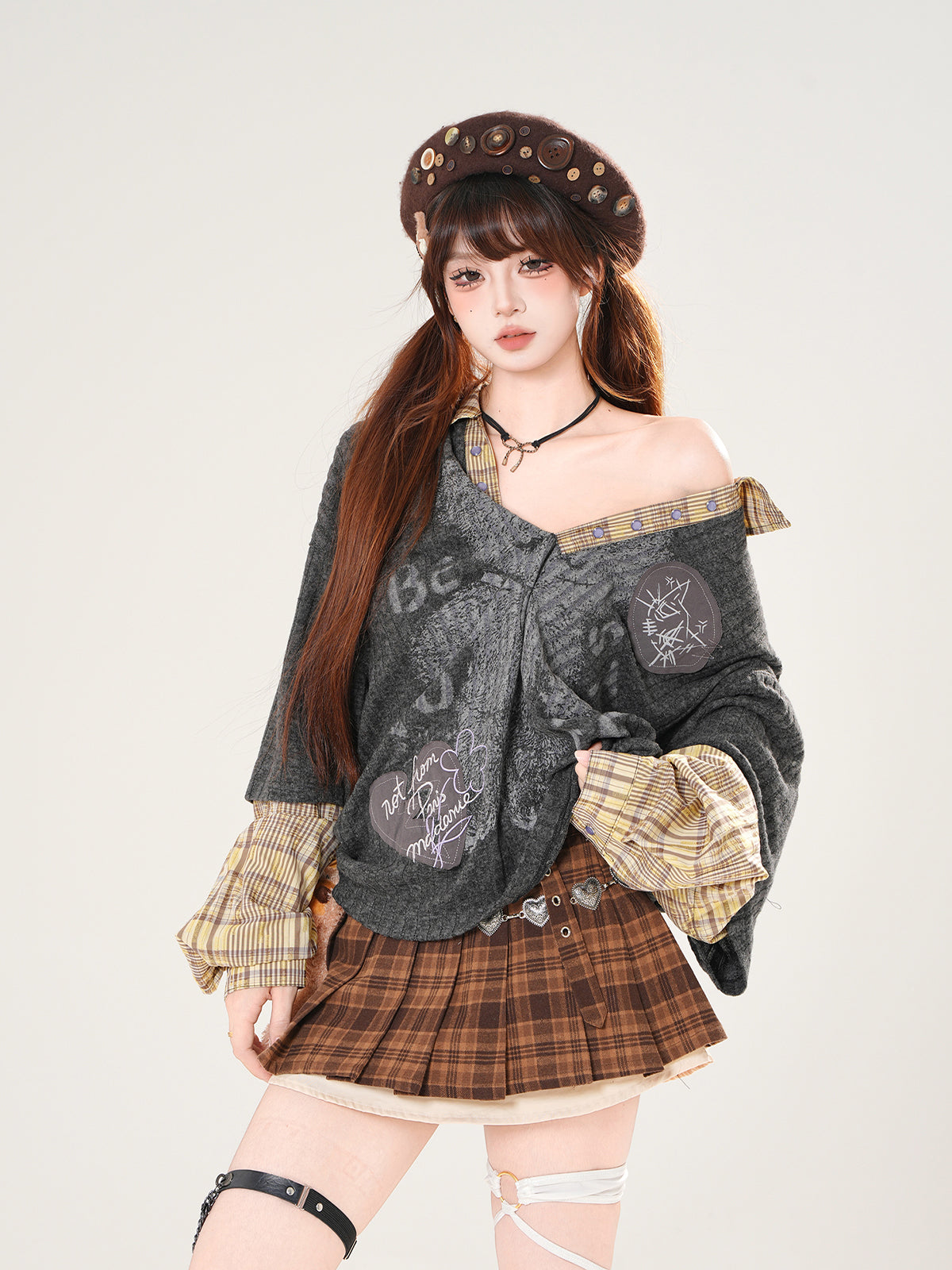 Vintage Kawaii Layered Top – Fake Two-Piece Grunge Academia Shirt