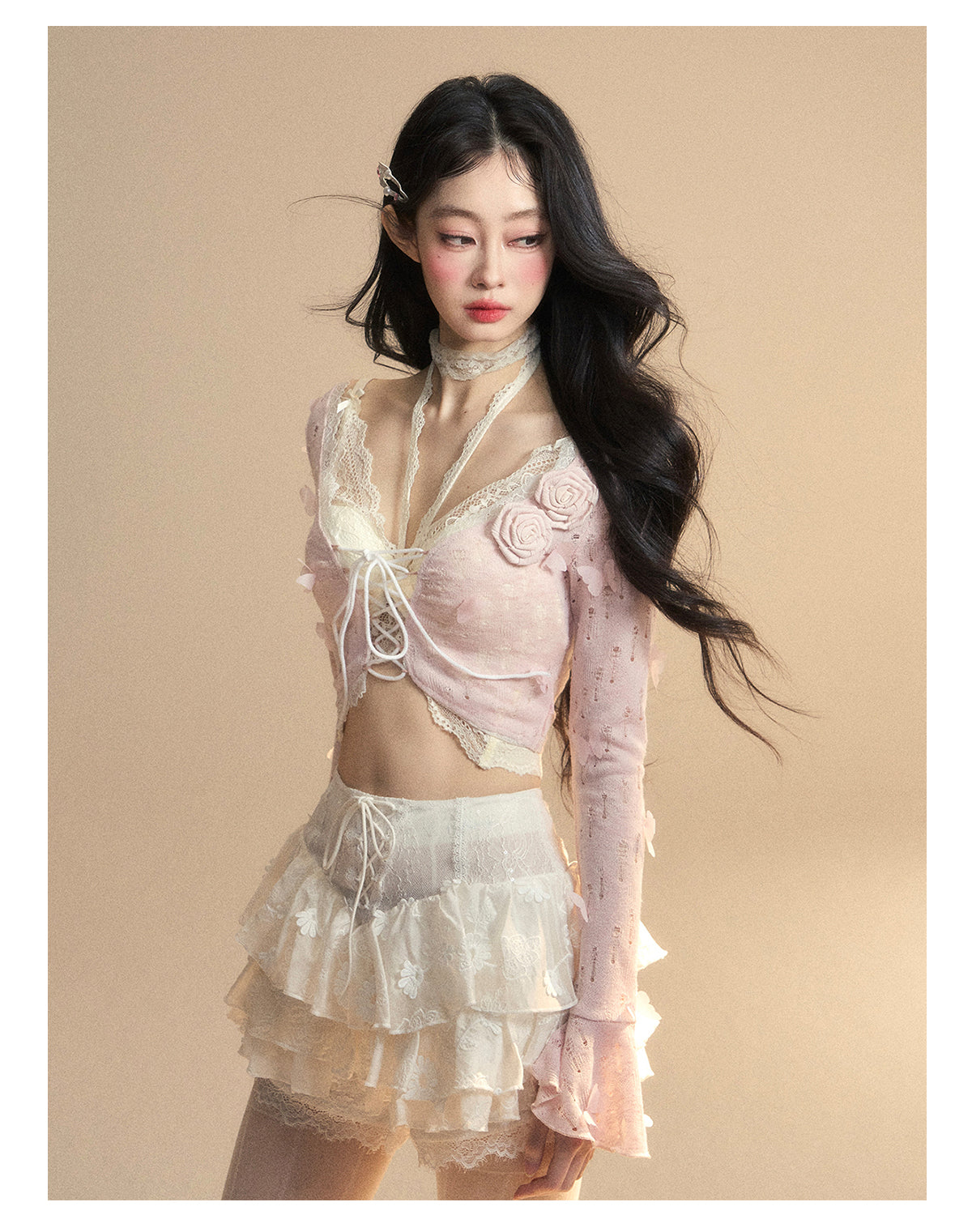 Sweetheart Doll Lace Hollow-Out Knit Set – Halter Long Sleeve Slim Fit Top