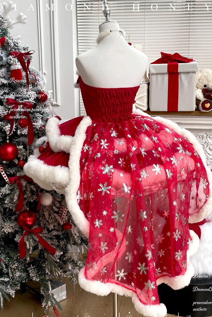 Snow Princess Christmas Party Dress — Winter Lolita Prom Style, Faux-Fur Trim & Detachable Train