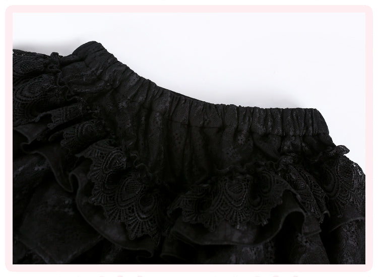 Kawaii Black Lace Ruffle Mini Dress – Sweet Gothic Lolita with Cape & Bow Accents