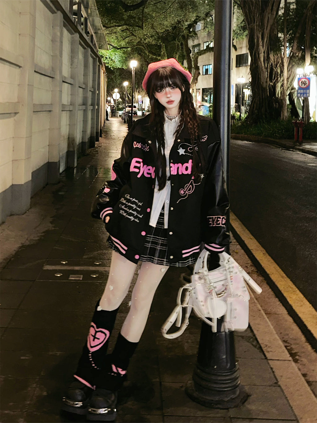 Kawaii Fuzzy Embroidered Varsity Jacket – Oversized Sweet-Punk Bomber for Fall/Winter