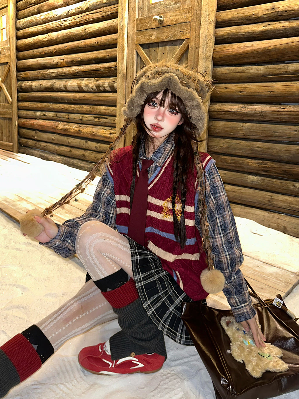 Preppy Layered Knit Sweater – Kawaii Academia Loose Plaid Knit Top