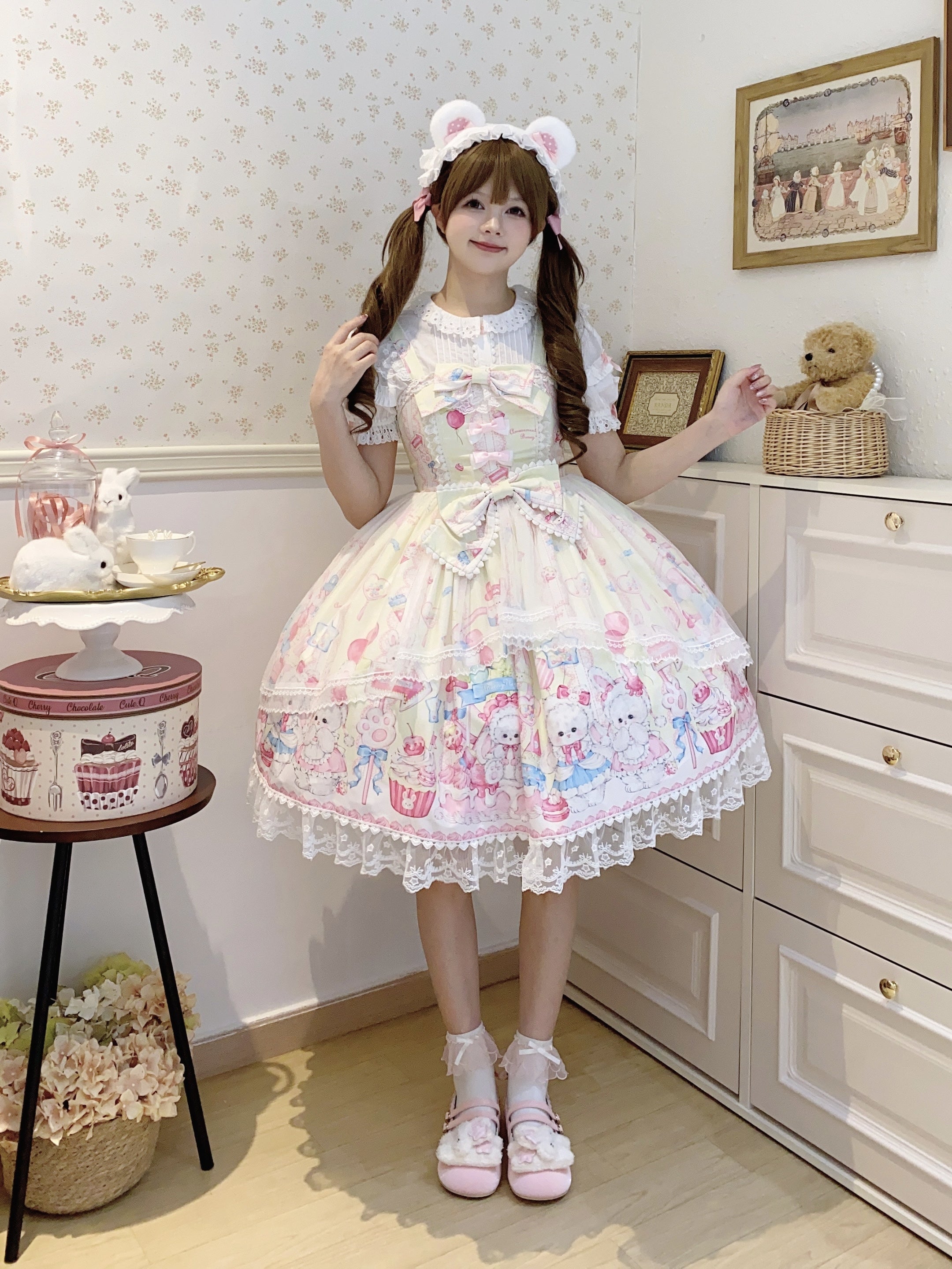 Bunny Sweet Cake Lolita JSK – Cute Pink Print Dress with Lace & Bows