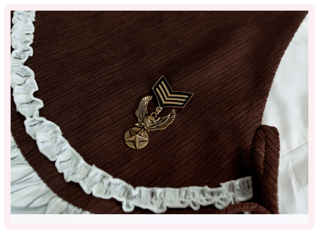 Teddycore Coquette Prep Set — Brown Ruffle Cape, Pinstripe Bow Top & Layered Mini Skirt | Soft Grunge Academia Vibes
