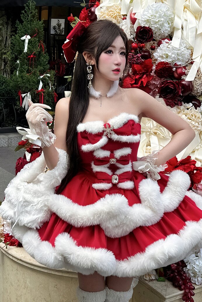 Snow Princess Christmas Party Dress — Winter Lolita Prom Style, Faux-Fur Trim & Detachable Train