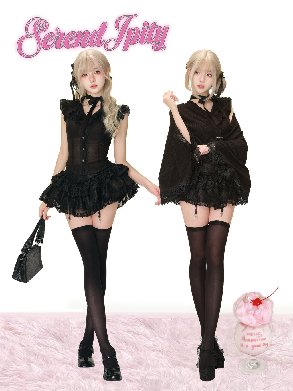 Kawaii Black Lace Ruffle Mini Dress – Sweet Gothic Lolita with Cape & Bow Accents