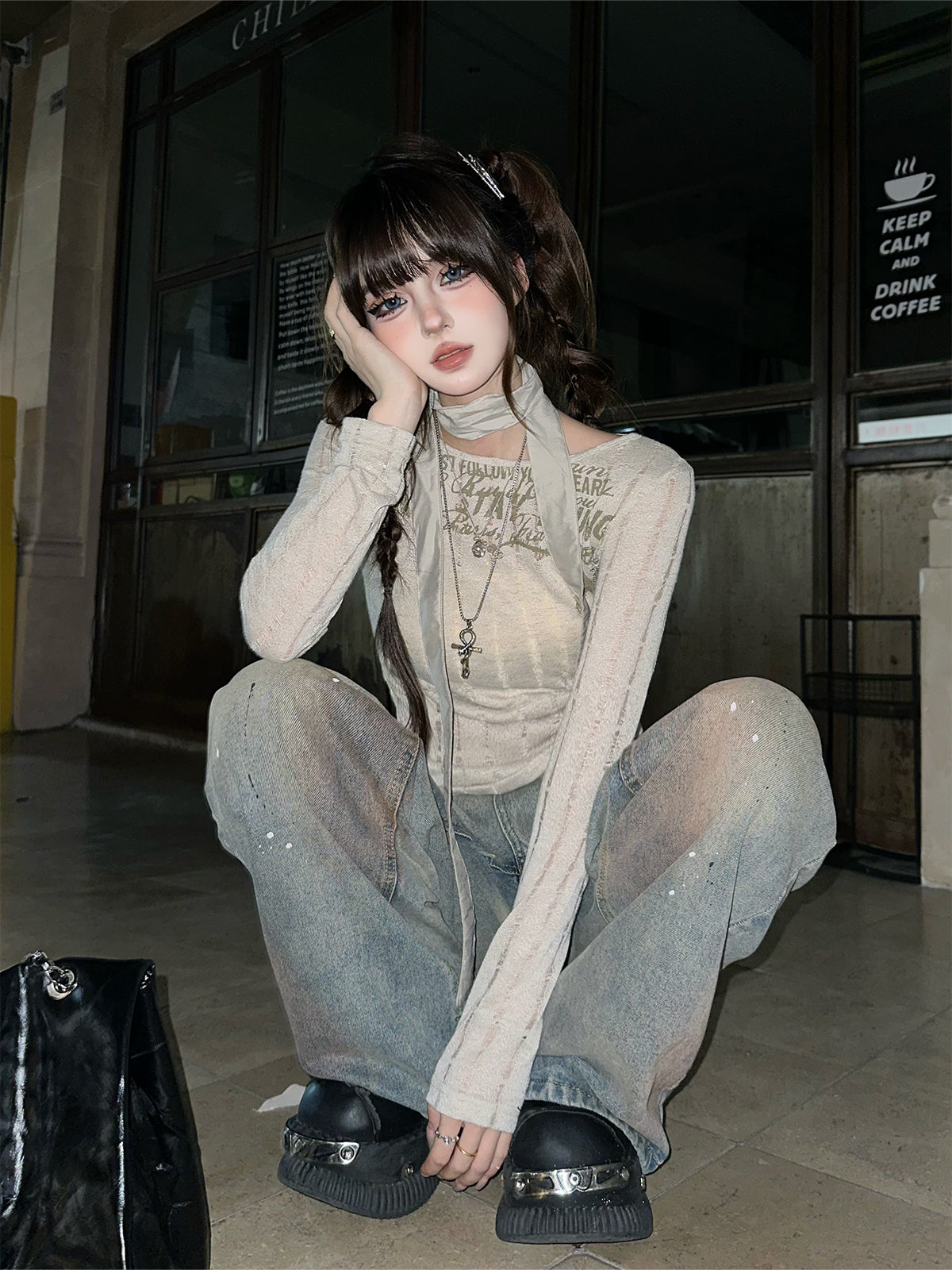 Y2K Mesh Knit Top – Slim Fit Long Sleeve with Waist Tie