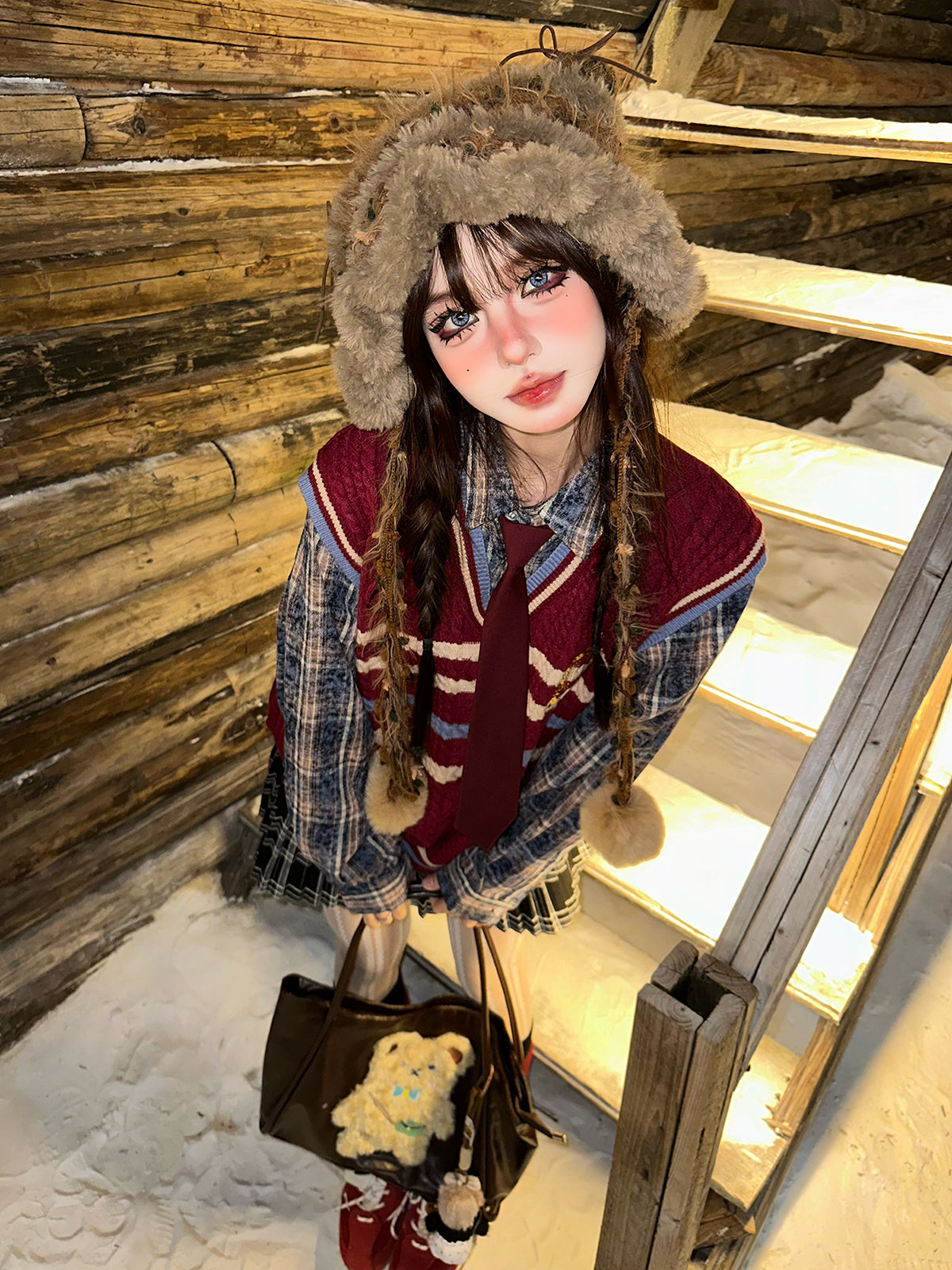 Preppy Layered Knit Sweater – Kawaii Academia Loose Plaid Knit Top