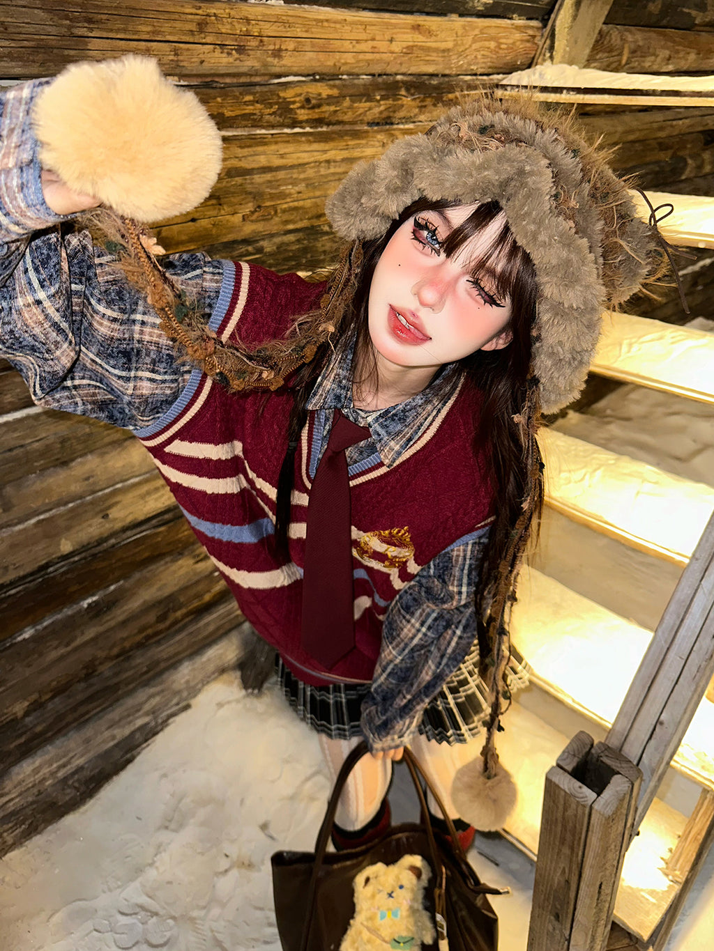 Preppy Layered Knit Sweater – Kawaii Academia Loose Plaid Knit Top