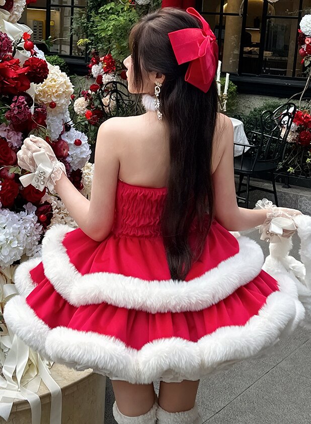 Snow Princess Christmas Party Dress — Winter Lolita Prom Style, Faux-Fur Trim & Detachable Train