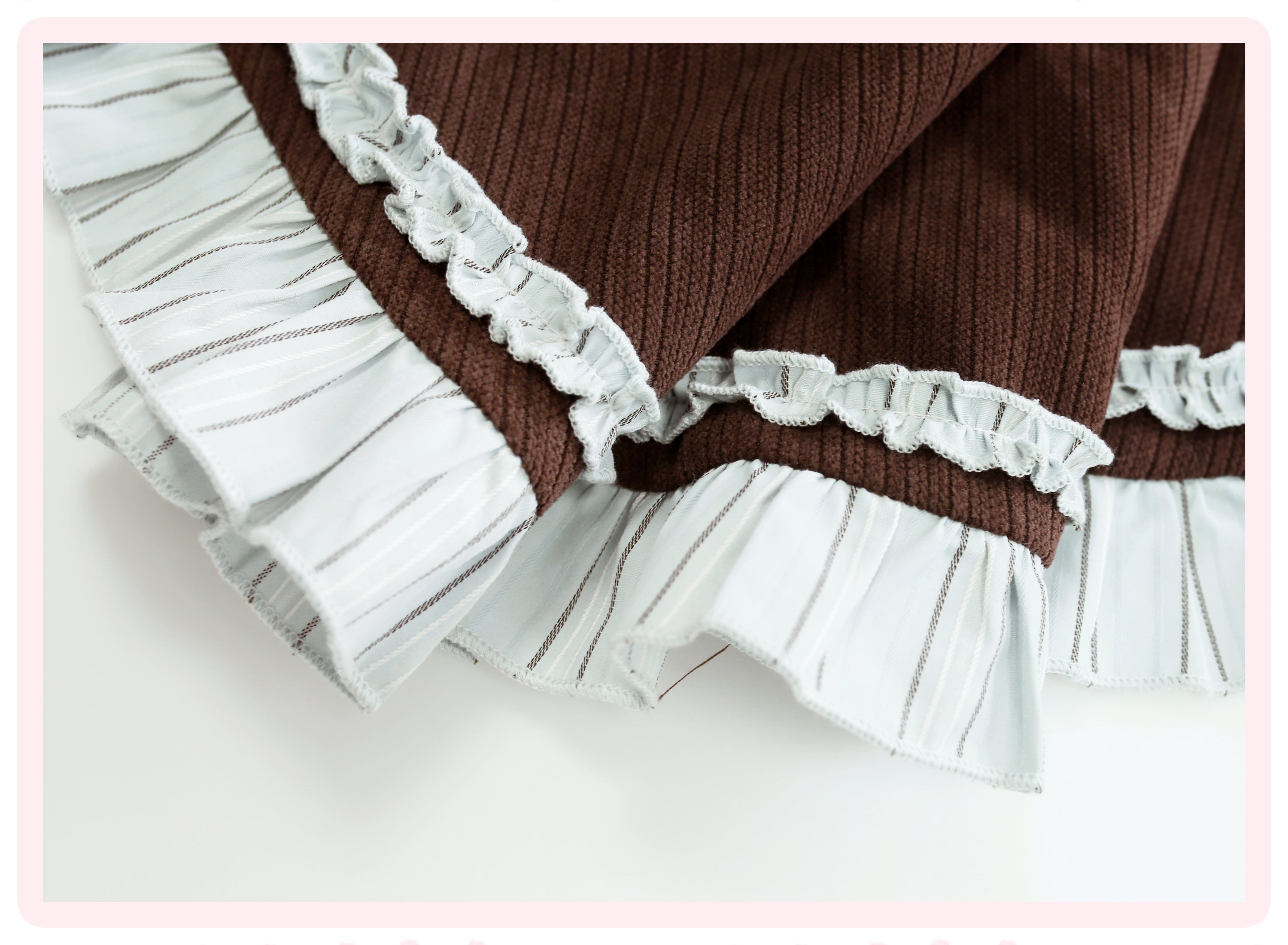 Teddycore Coquette Prep Set — Brown Ruffle Cape, Pinstripe Bow Top & Layered Mini Skirt | Soft Grunge Academia Vibes
