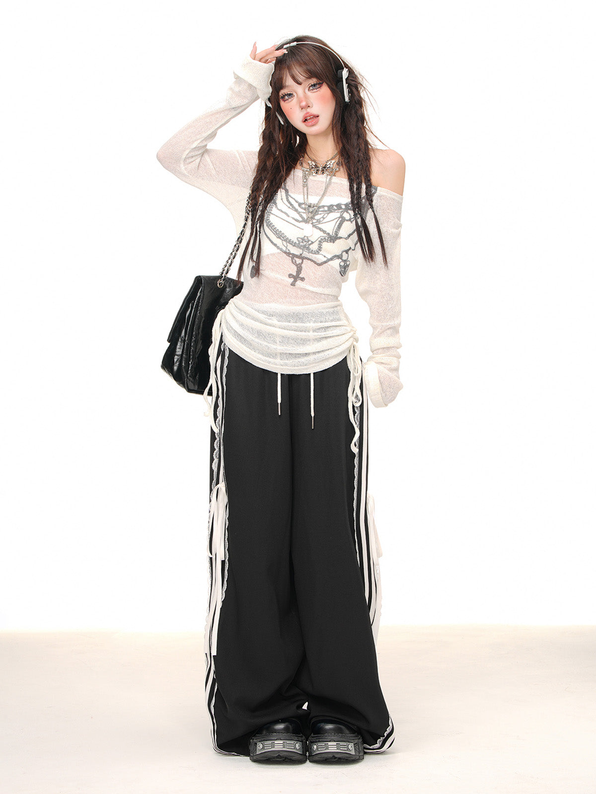 Off-Shoulder Sheer Knit Drawstring Top – Sweet Transparent Long Sleeve Blouse