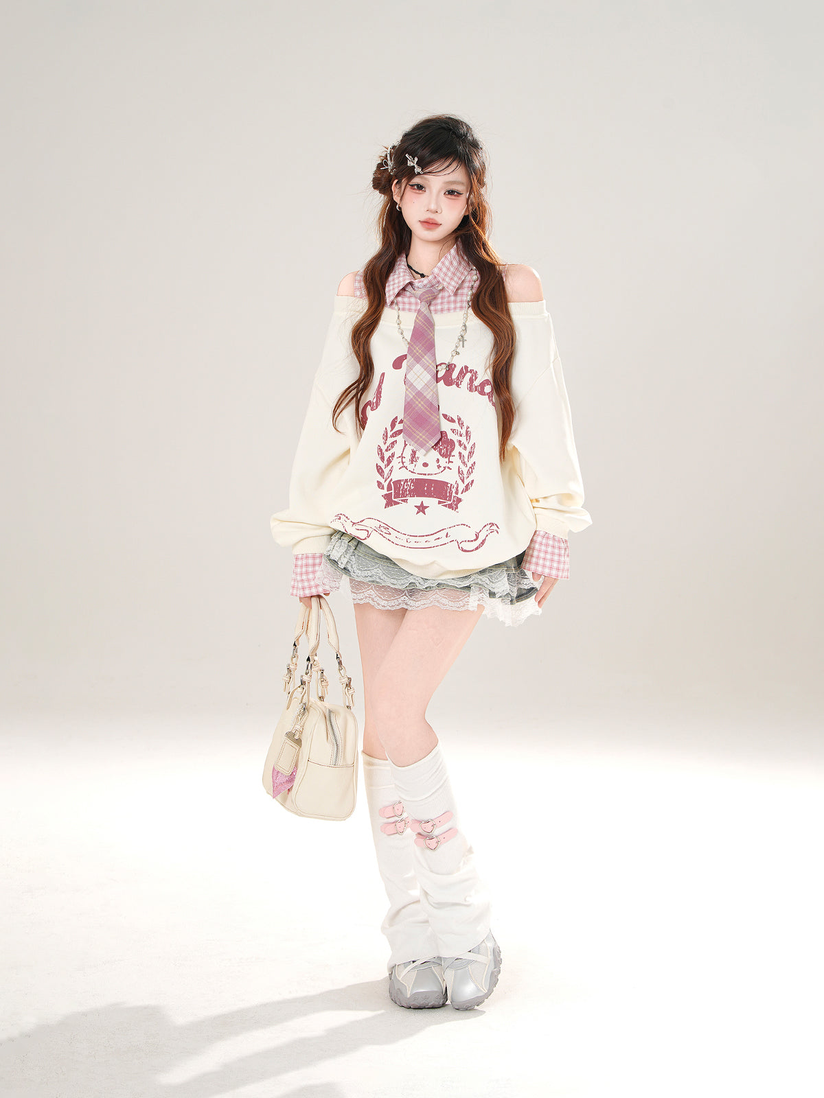 Preppy Kawaii Off-Shoulder Sweatshirt – Fake Two-Piece Plaid Layered Top