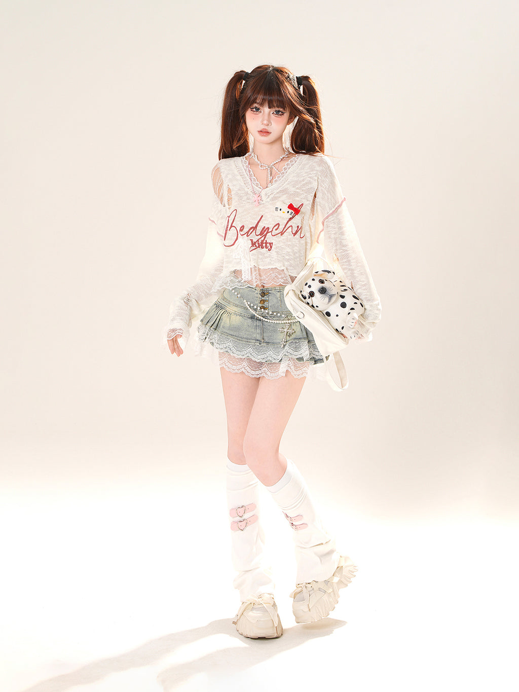 Kawaii Lace Sheer Crop Top – Soft Girl See-Through Long Sleeve Tee