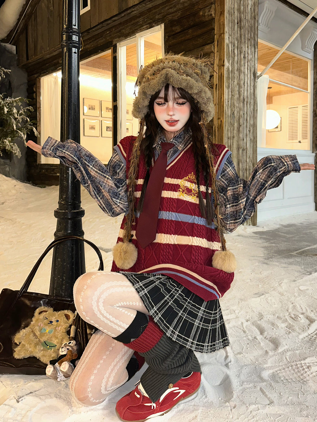 Preppy Layered Knit Sweater – Kawaii Academia Loose Plaid Knit Top