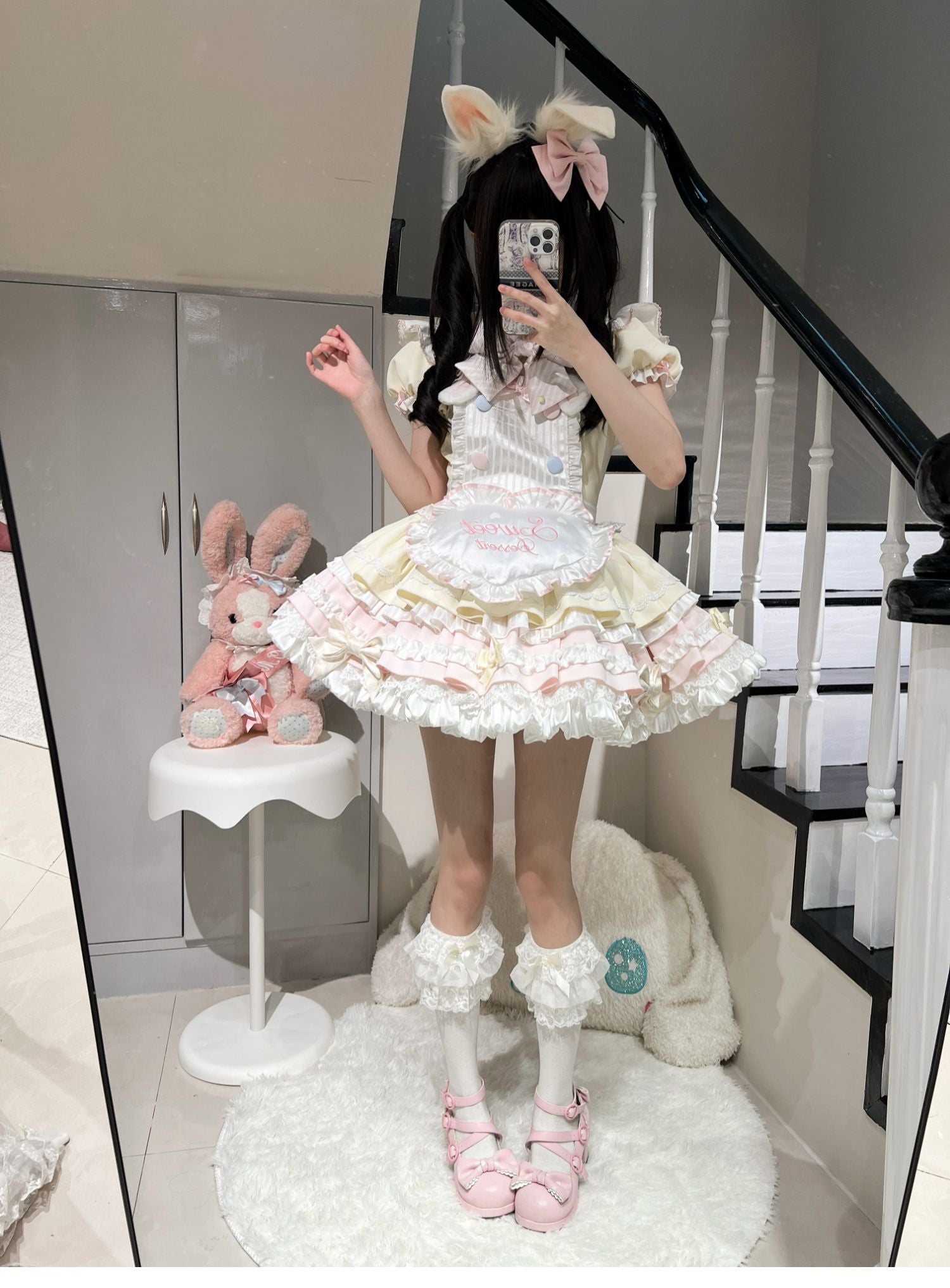 Sweet Bunny Chef Lolita Set – Soft Kawaii OP Dress with Apron