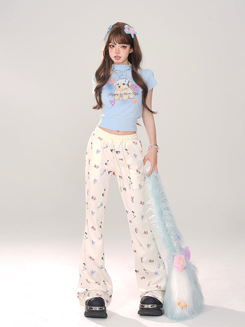 Kawaii Cat Print Flared Lounge Pants – Slim Fit Drawstring Waist Casual Long Pants
