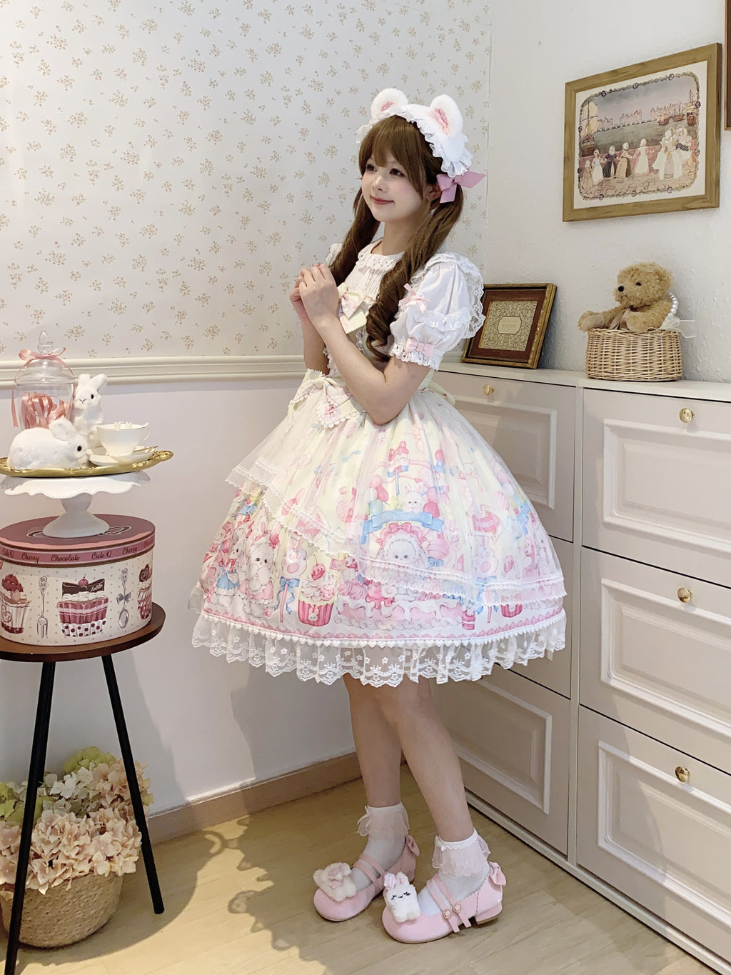 Bunny Sweet Cake Lolita JSK – Cute Pink Print Dress with Lace & Bows