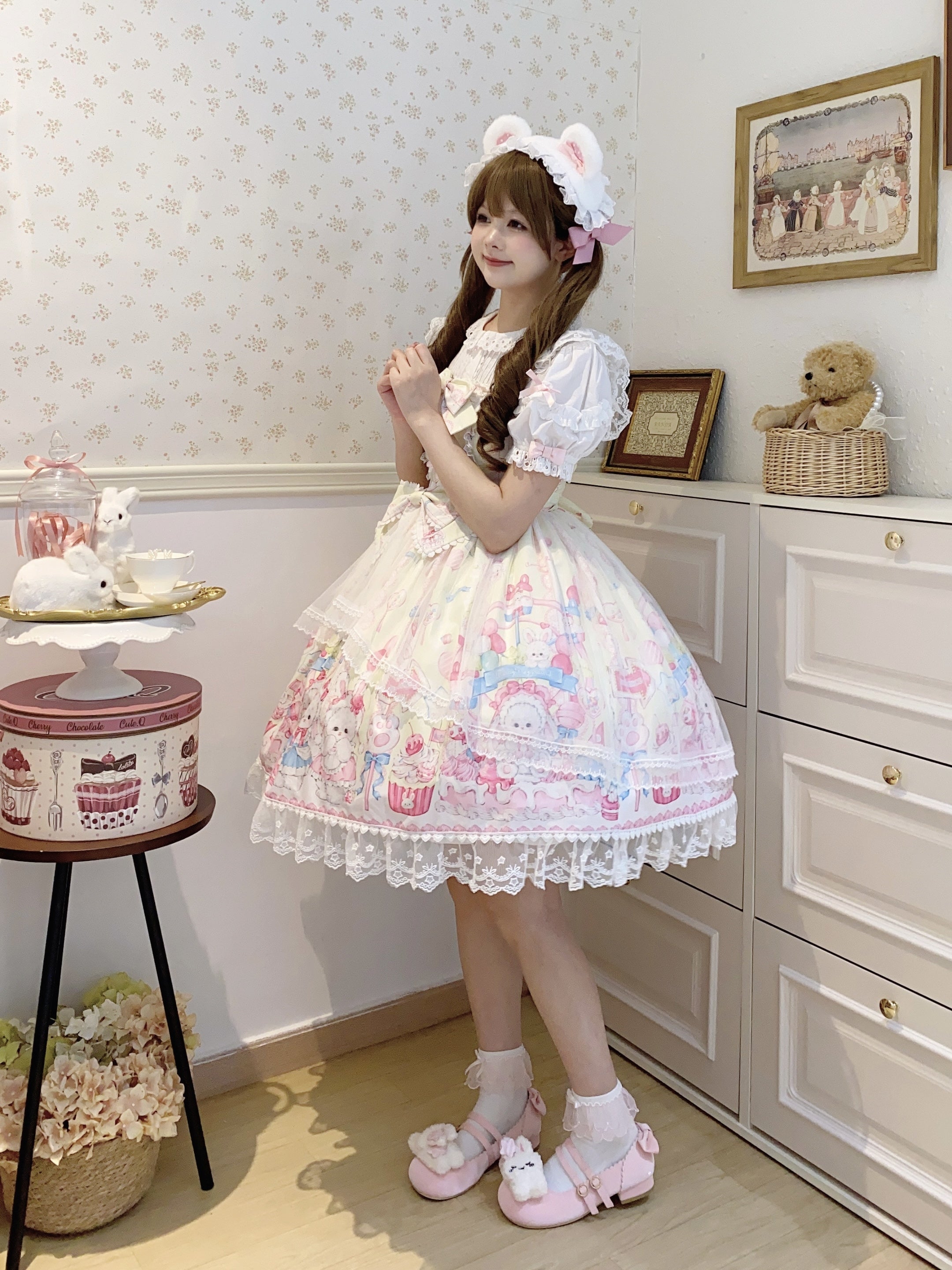Bunny Sweet Cake Lolita JSK – Cute Pink Print Dress with Lace & Bows