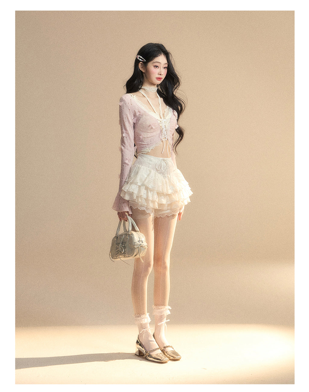 Sweetheart Doll Lace Hollow-Out Knit Set – Halter Long Sleeve Slim Fit Top