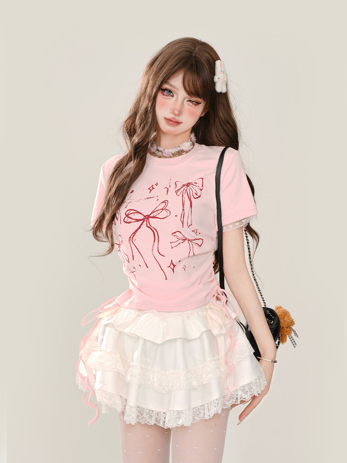 Sweet Lace Short Tee – Slim Fit Bow Print Y2K Crop Top
