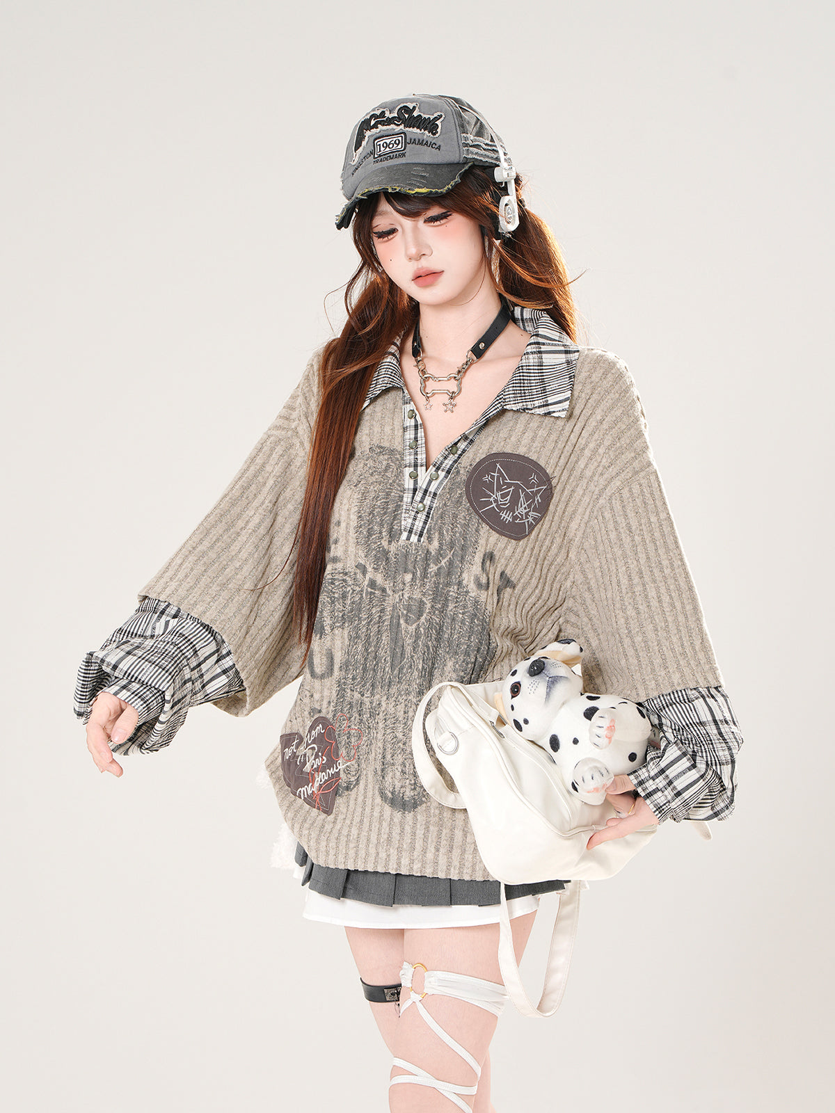 Vintage Kawaii Layered Top – Fake Two-Piece Grunge Academia Shirt