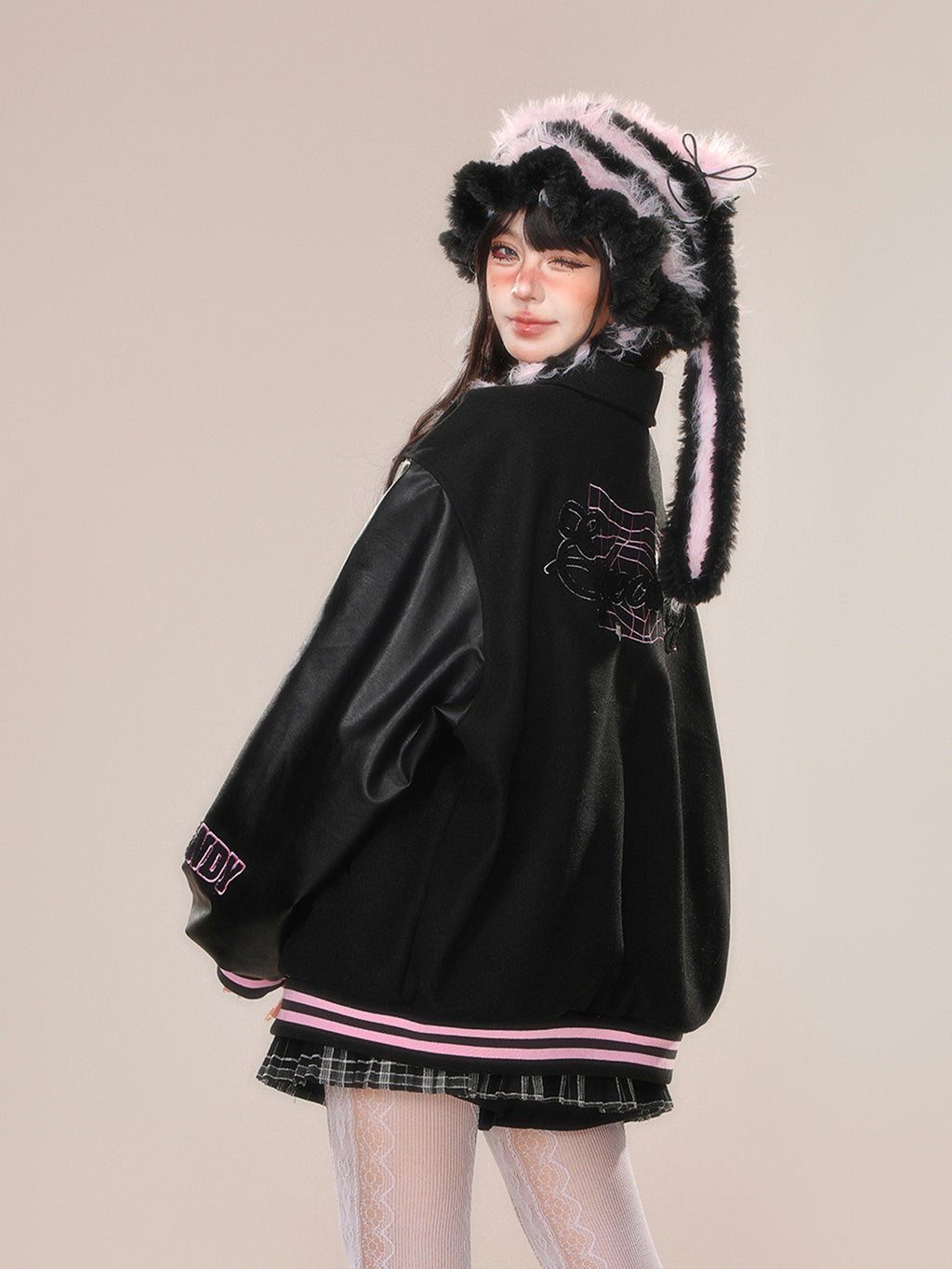 Kawaii Fuzzy Embroidered Varsity Jacket – Oversized Sweet-Punk Bomber for Fall/Winter