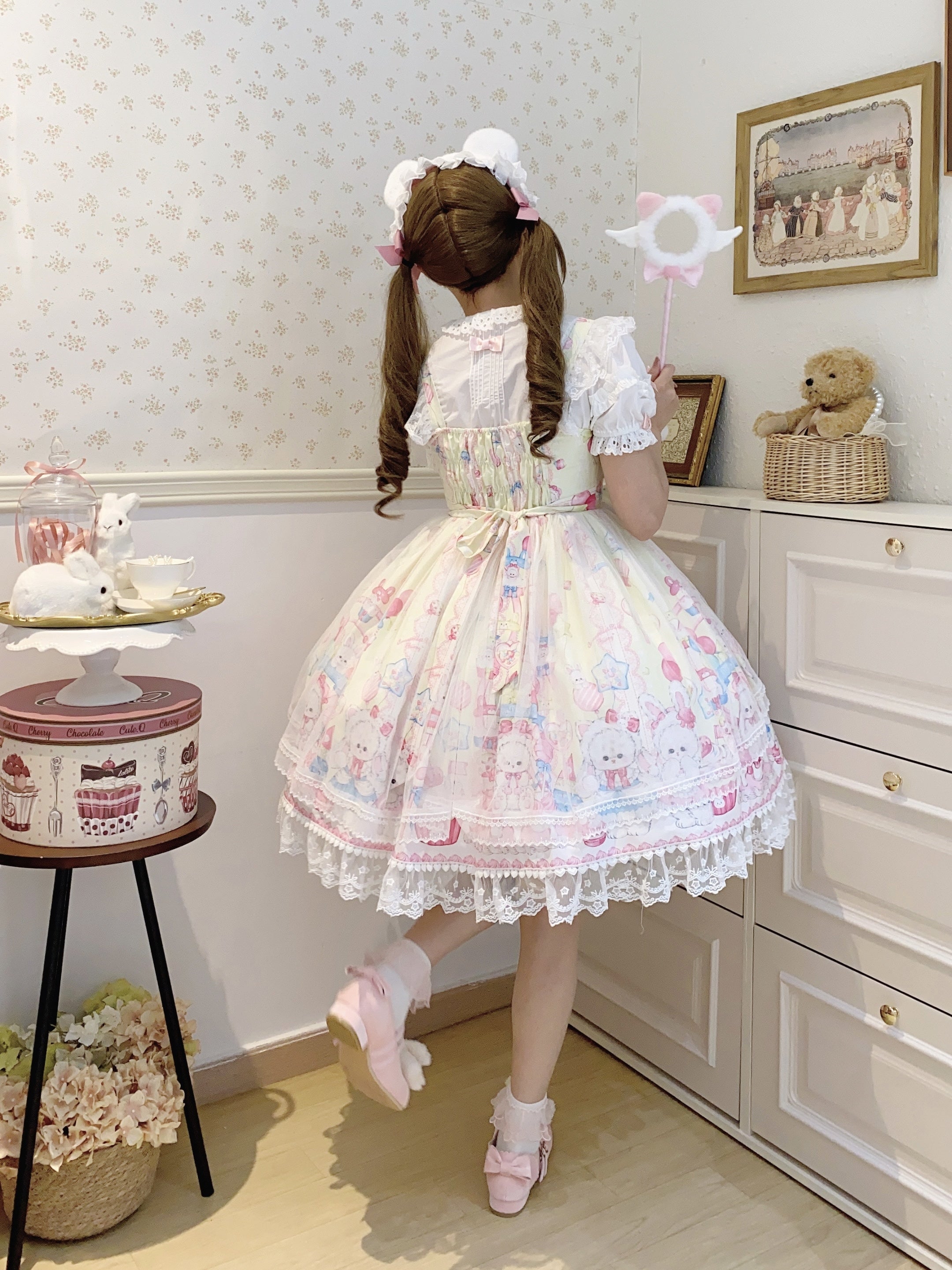 Bunny Sweet Cake Lolita JSK – Cute Pink Print Dress with Lace & Bows