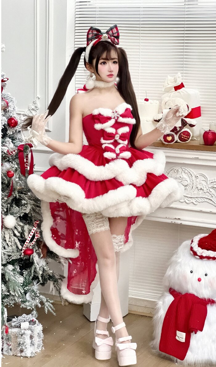 Snow Princess Christmas Party Dress — Winter Lolita Prom Style, Faux-Fur Trim & Detachable Train