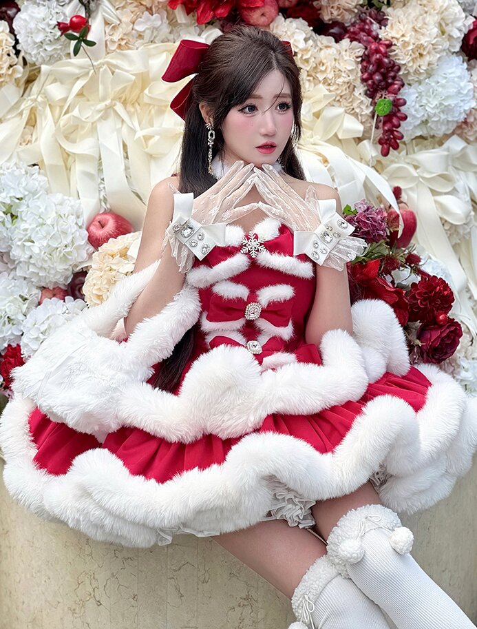 Snow Princess Christmas Party Dress — Winter Lolita Prom Style, Faux-Fur Trim & Detachable Train