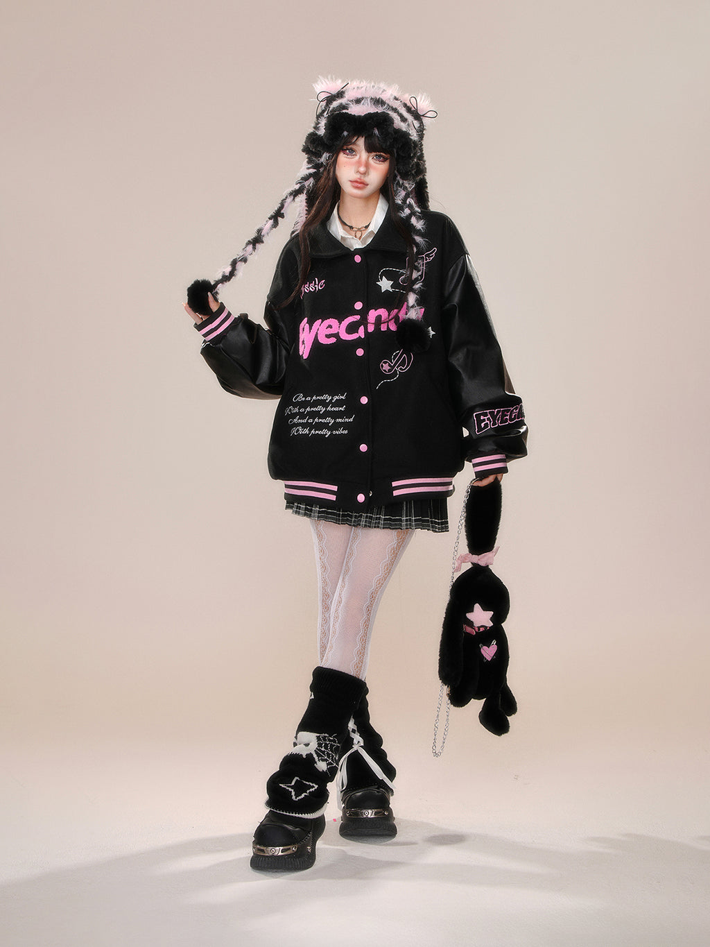 Kawaii Fuzzy Embroidered Varsity Jacket – Oversized Sweet-Punk Bomber for Fall/Winter