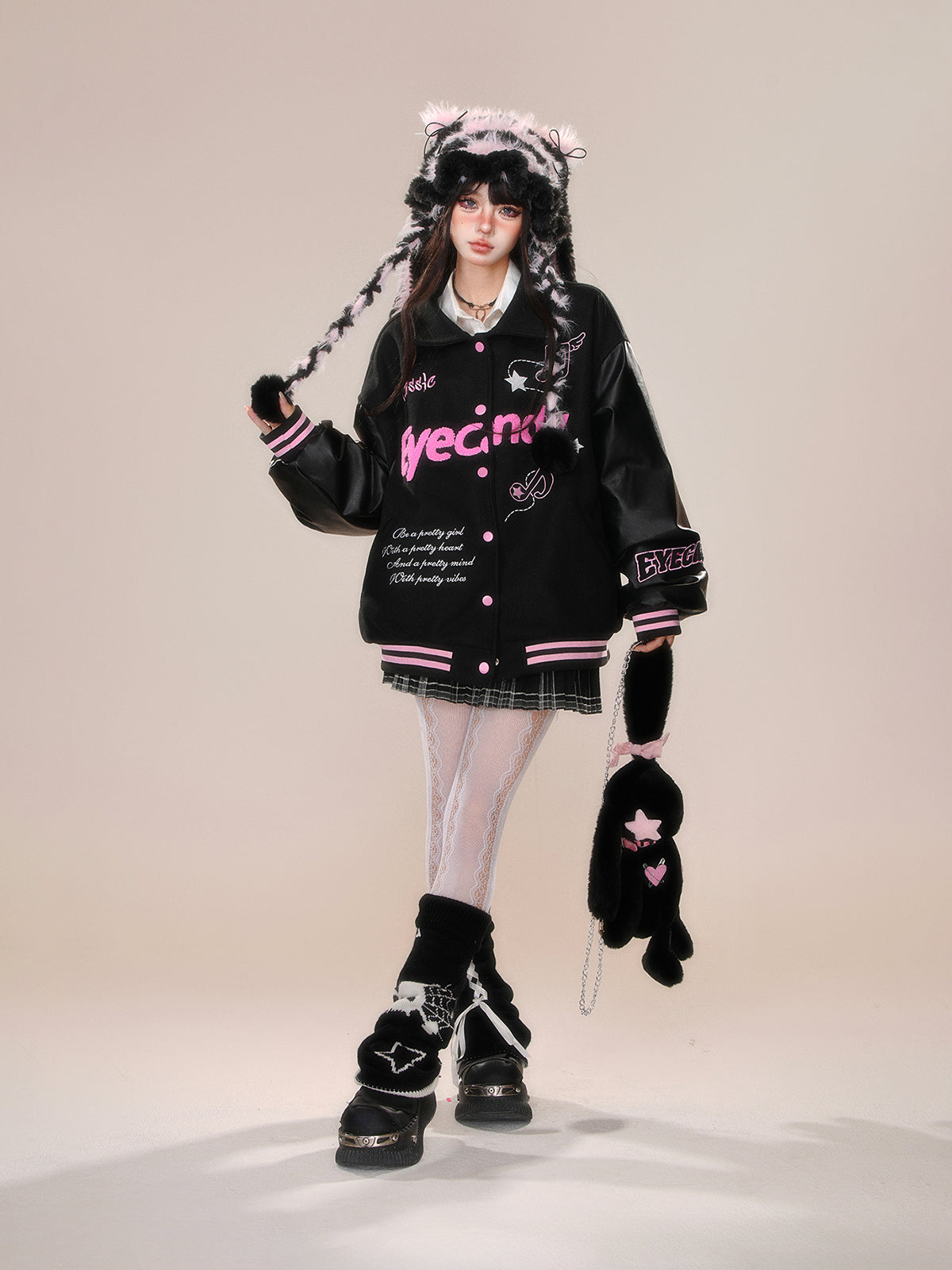 Kawaii Fuzzy Embroidered Varsity Jacket – Oversized Sweet-Punk Bomber for Fall/Winter