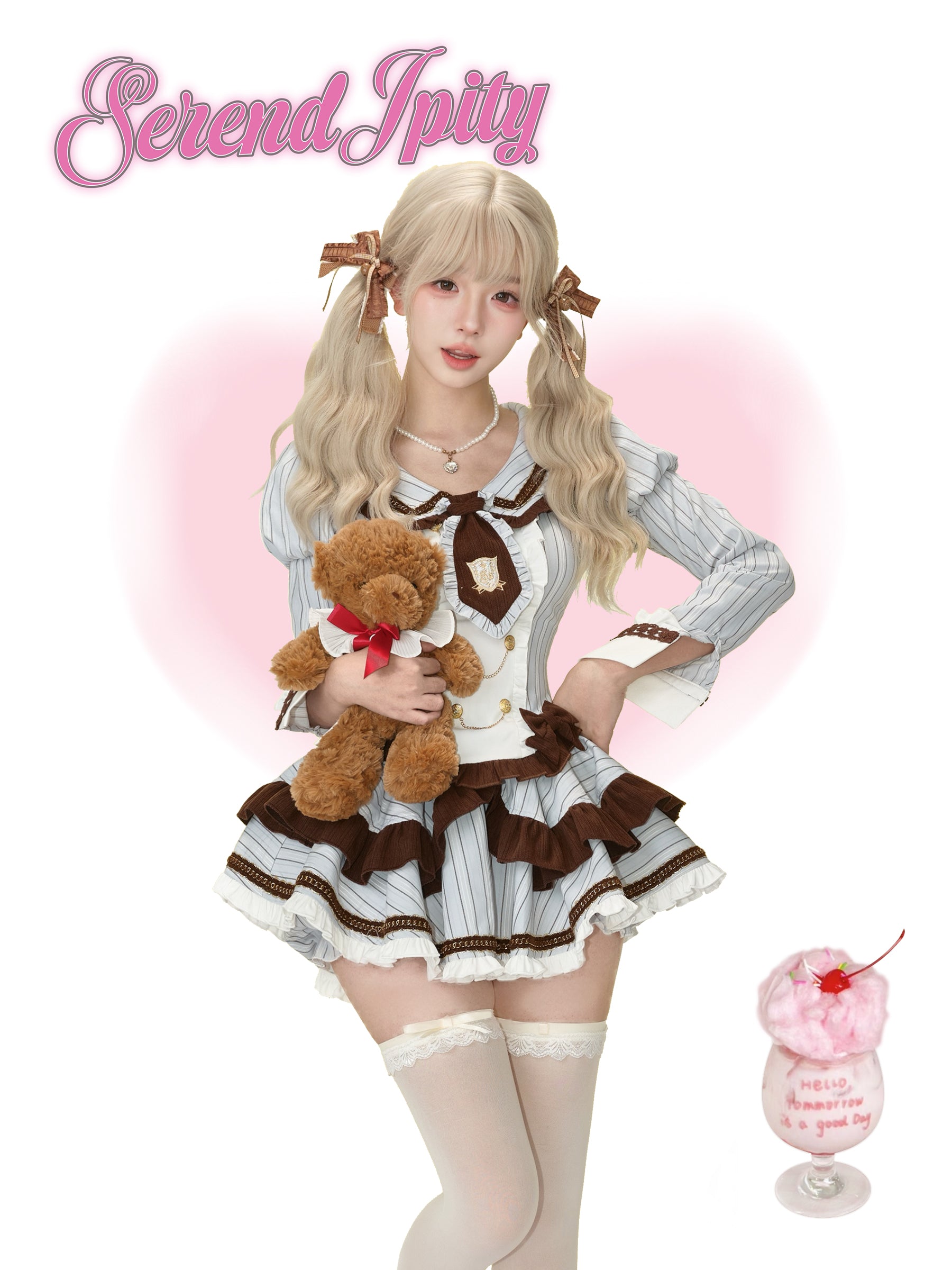 Teddycore Coquette Prep Set — Brown Ruffle Cape, Pinstripe Bow Top & Layered Mini Skirt | Soft Grunge Academia Vibes