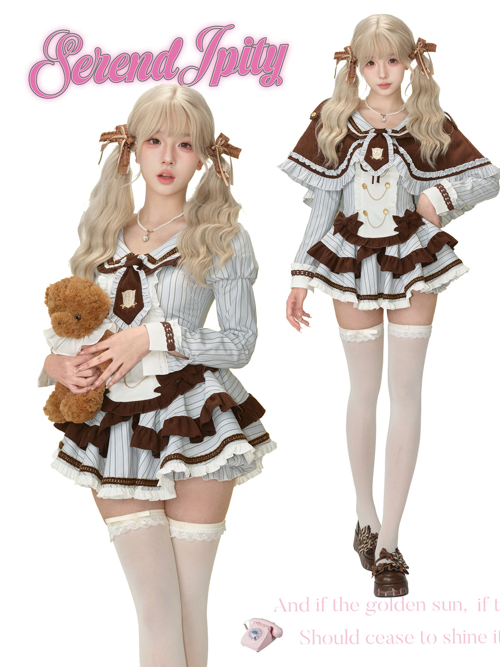 Teddycore Coquette Prep Set — Brown Ruffle Cape, Pinstripe Bow Top & Layered Mini Skirt | Soft Grunge Academia Vibes