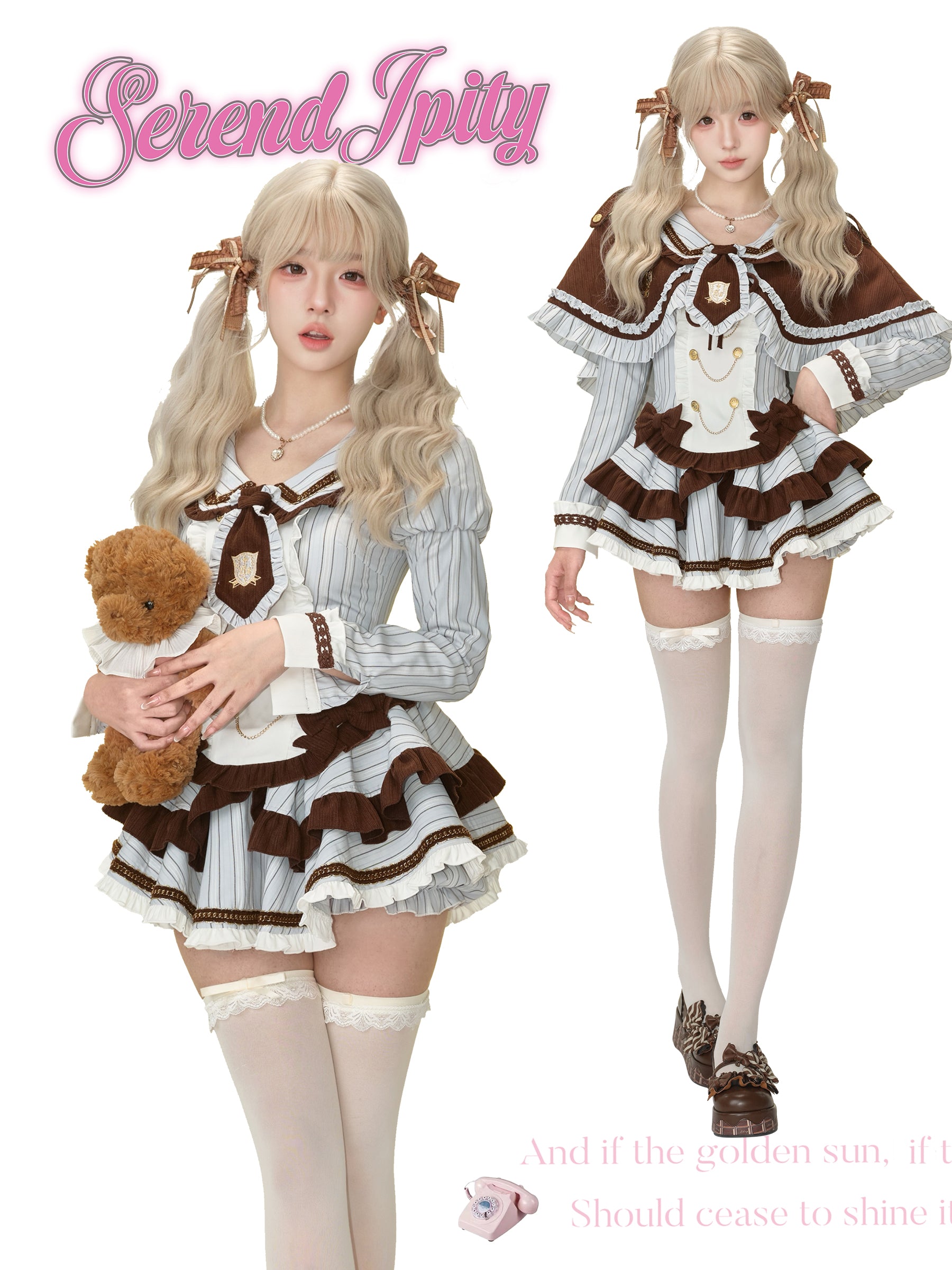 Teddycore Coquette Prep Set — Brown Ruffle Cape, Pinstripe Bow Top & Layered Mini Skirt | Soft Grunge Academia Vibes