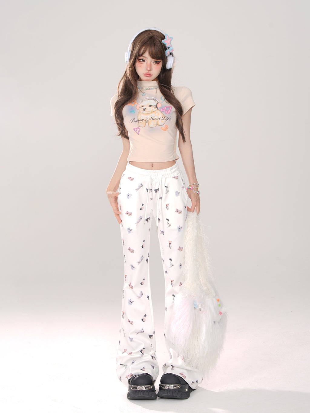 Kawaii Cat Print Flared Lounge Pants – Slim Fit Drawstring Waist Casual Long Pants
