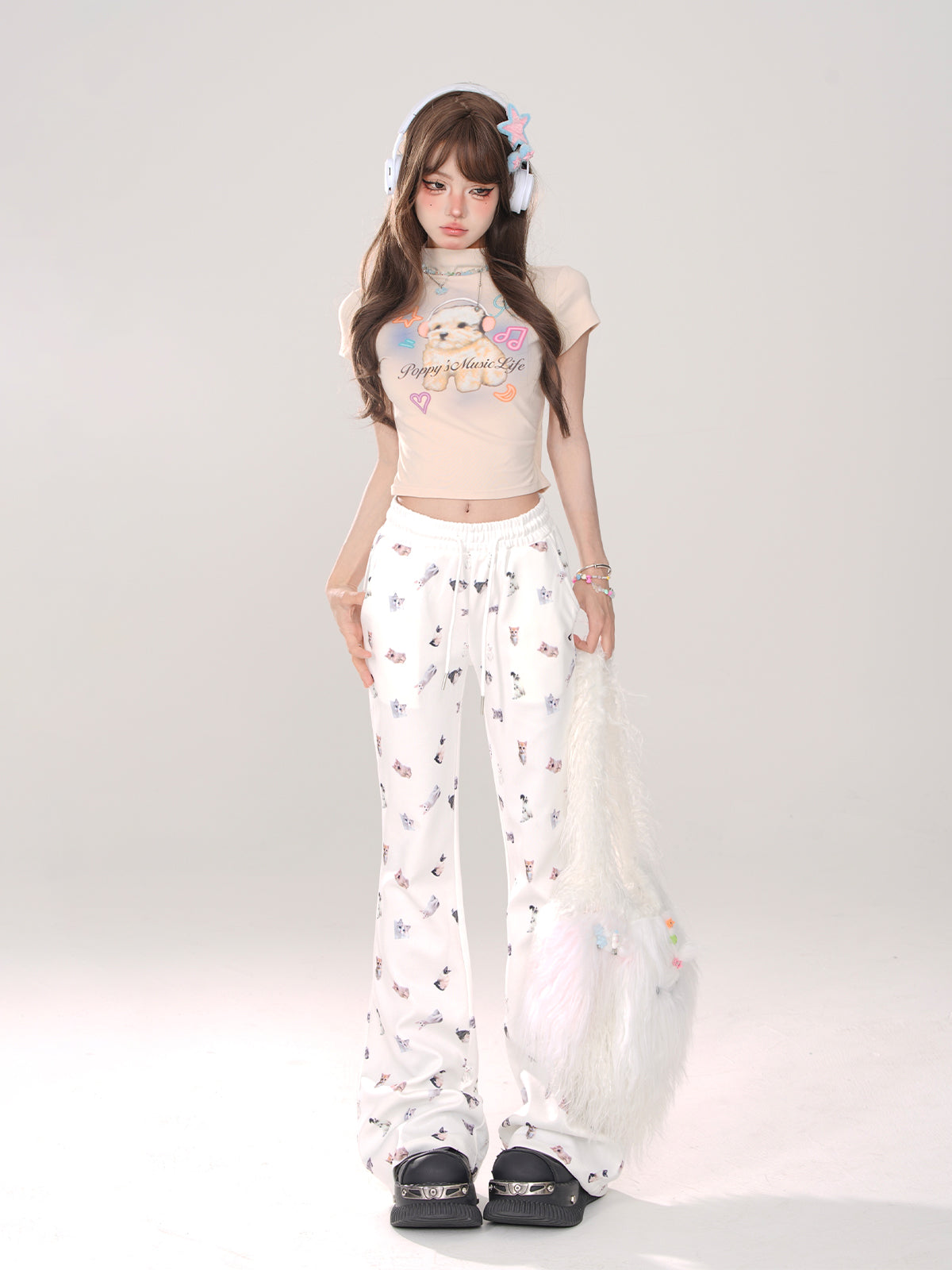 Kawaii Cat Print Flared Lounge Pants – Slim Fit Drawstring Waist Casual Long Pants