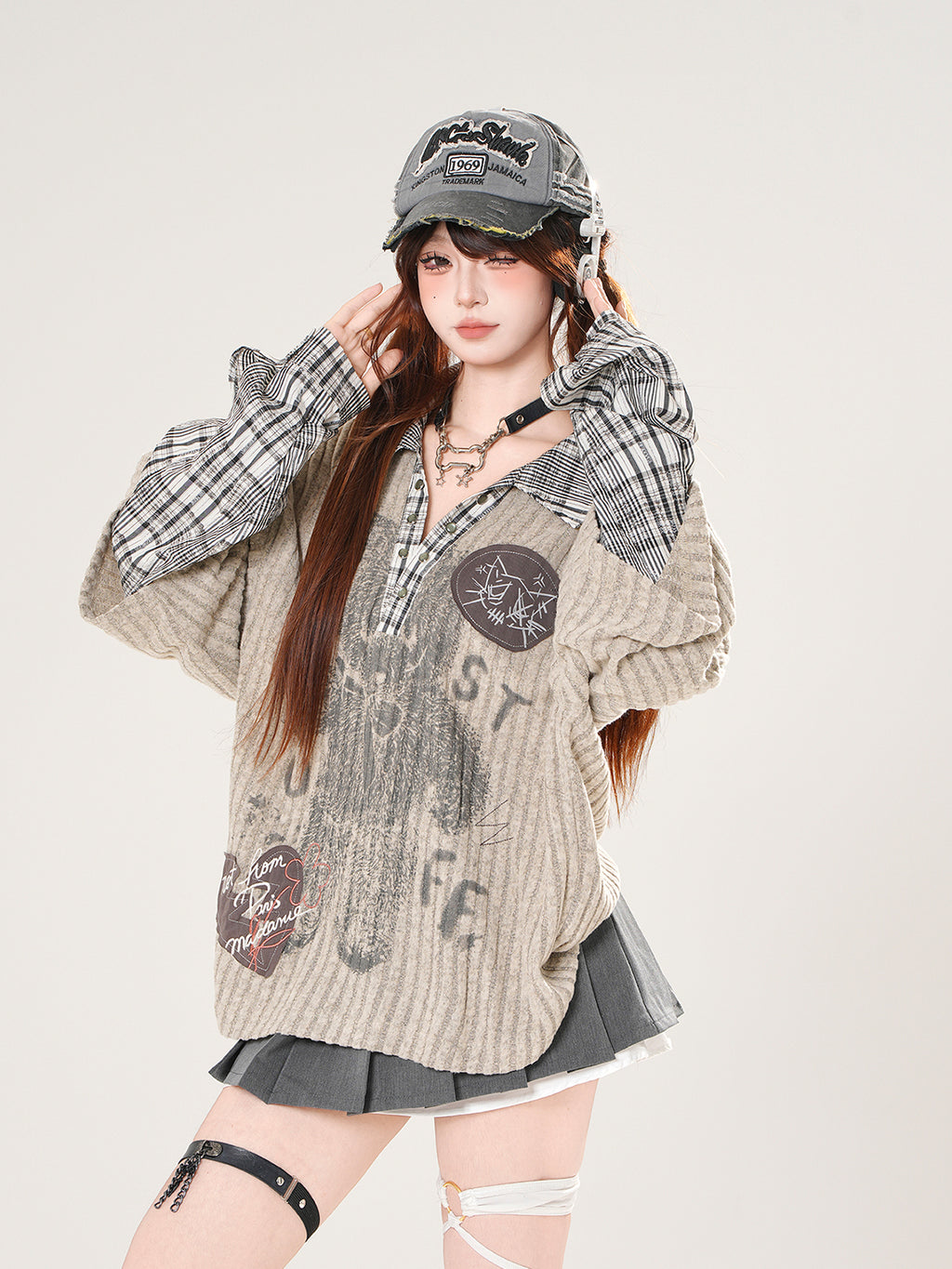 Vintage Kawaii Layered Top – Fake Two-Piece Grunge Academia Shirt