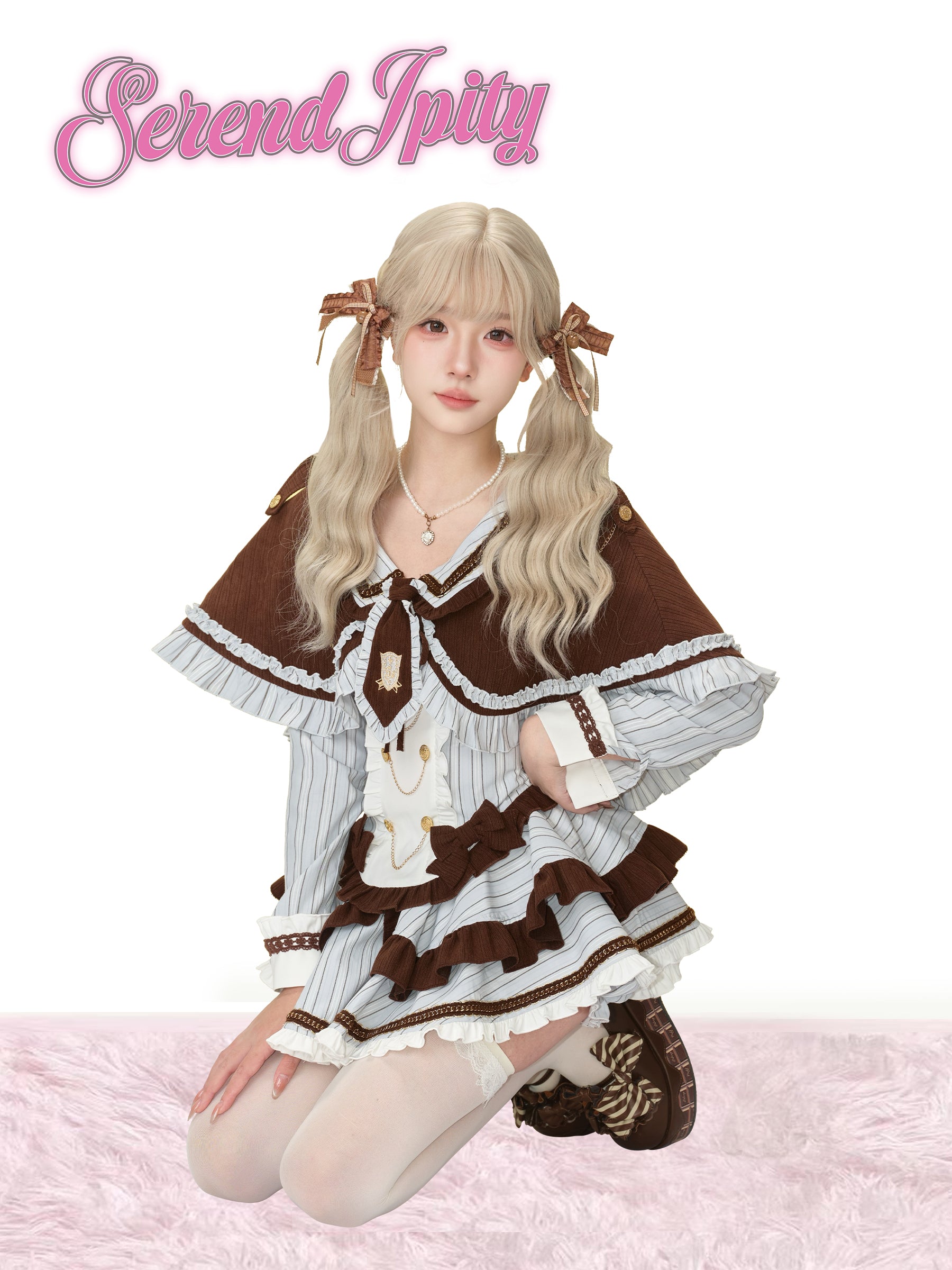 Teddycore Coquette Prep Set — Brown Ruffle Cape, Pinstripe Bow Top & Layered Mini Skirt | Soft Grunge Academia Vibes