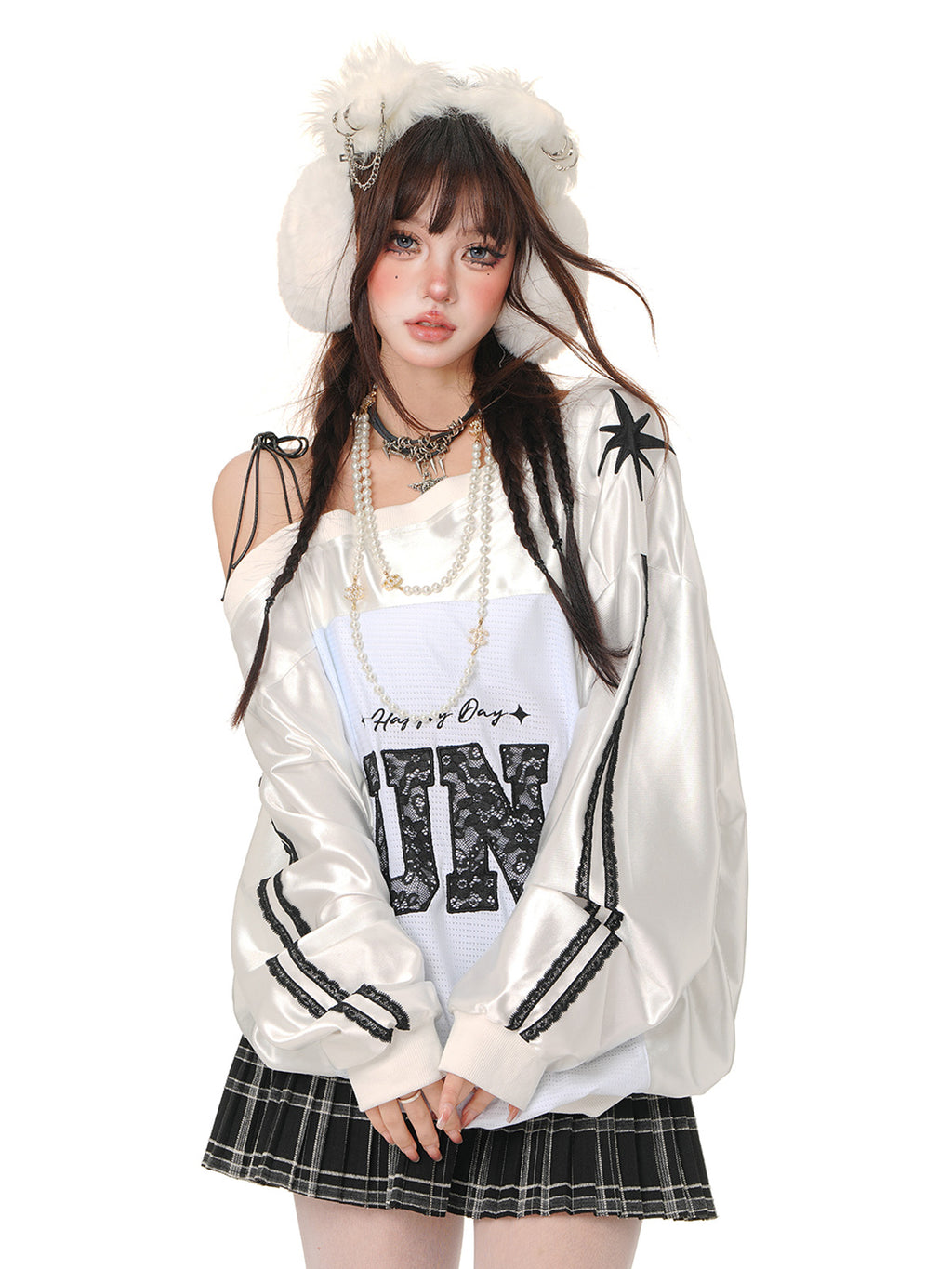 Harajuku Off-Shoulder Kawaii Top – Oversized Street Style Long Sleeve Cutse
