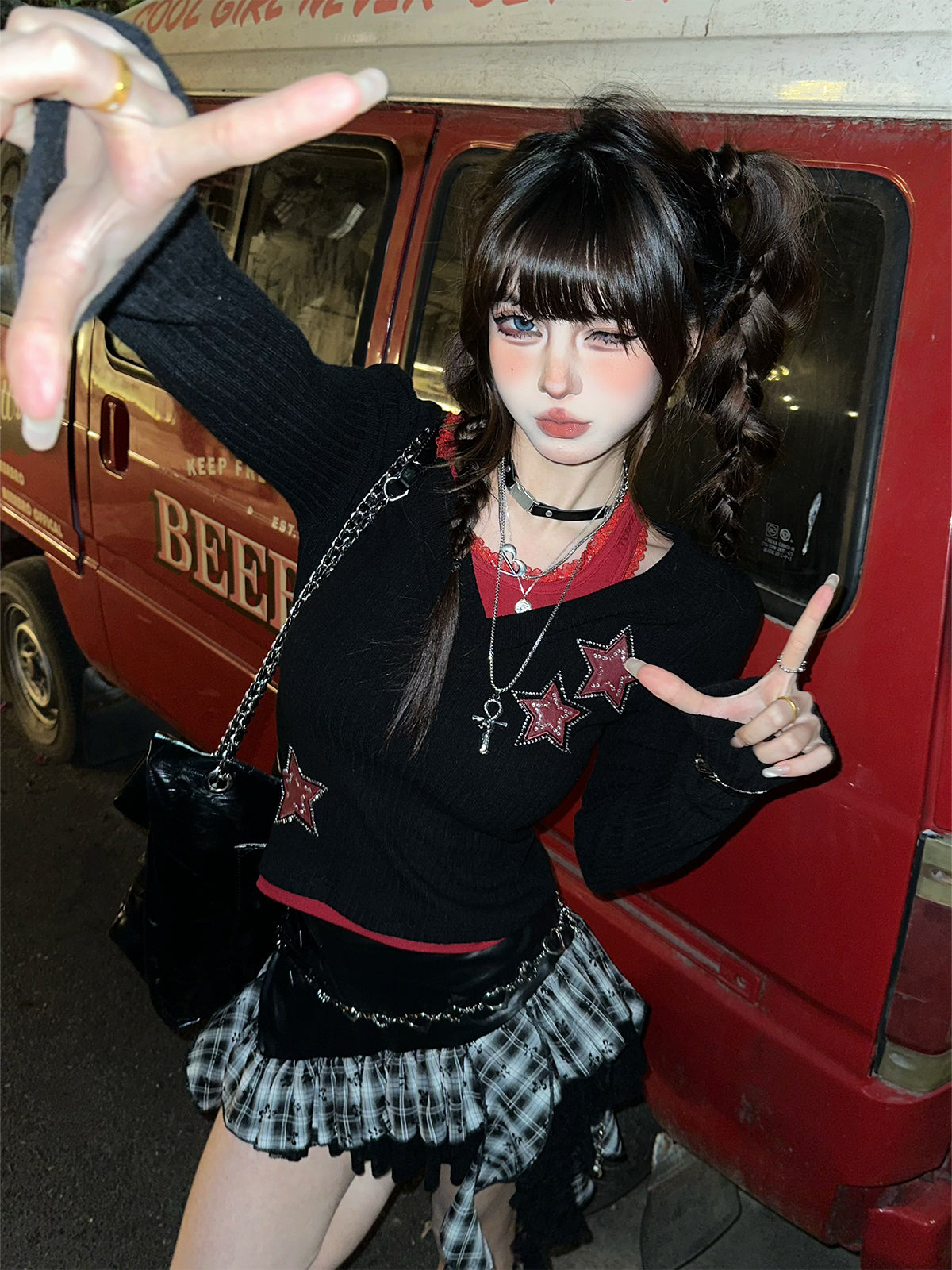 Off-Shoulder Layered Knit Top – Y2K Star Embroidered Two-Piece Look