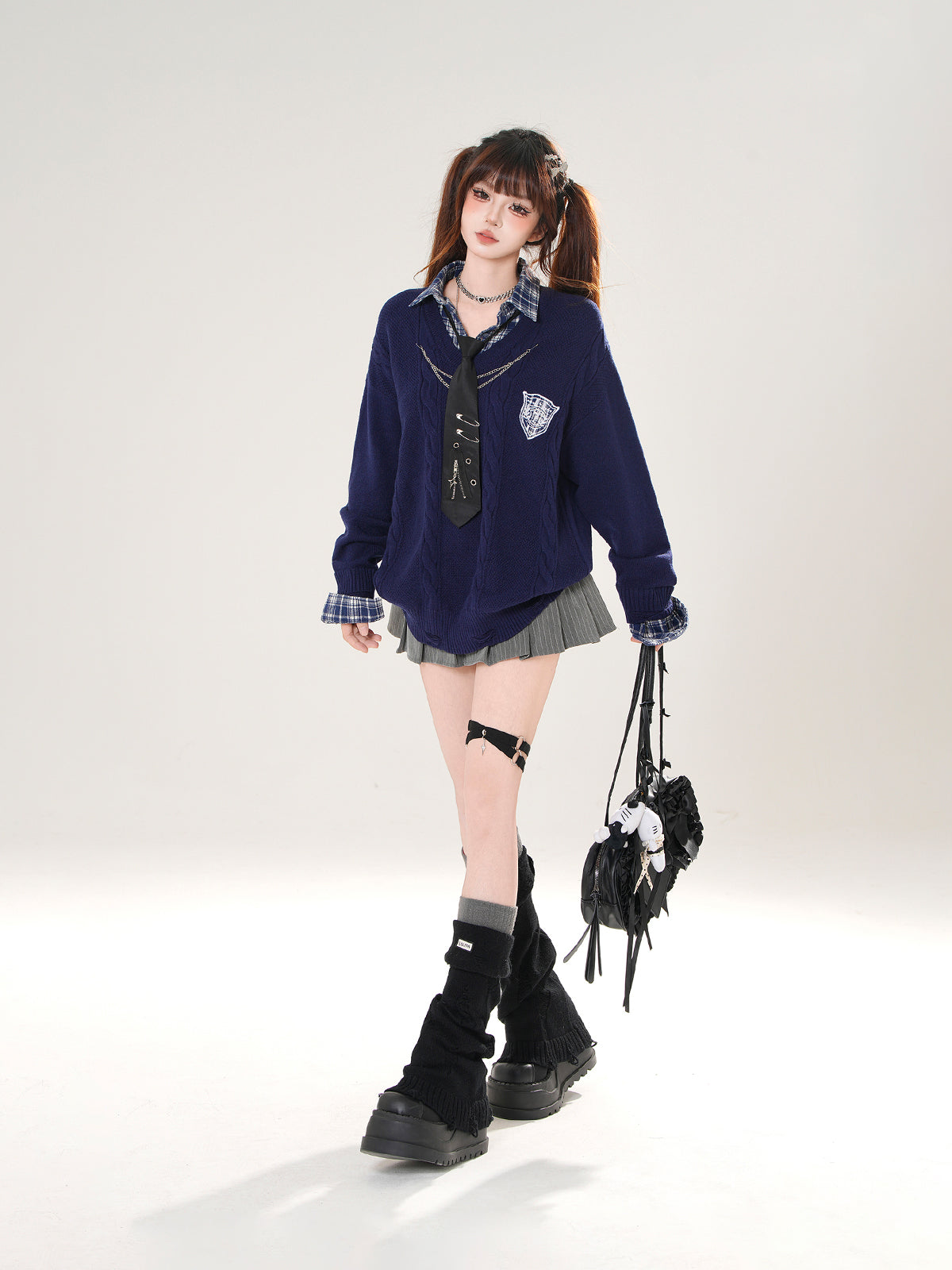 Kawaii Preppy Knit Sweater – Fake Two-Piece Oversized Academic Top with Tie & Patch