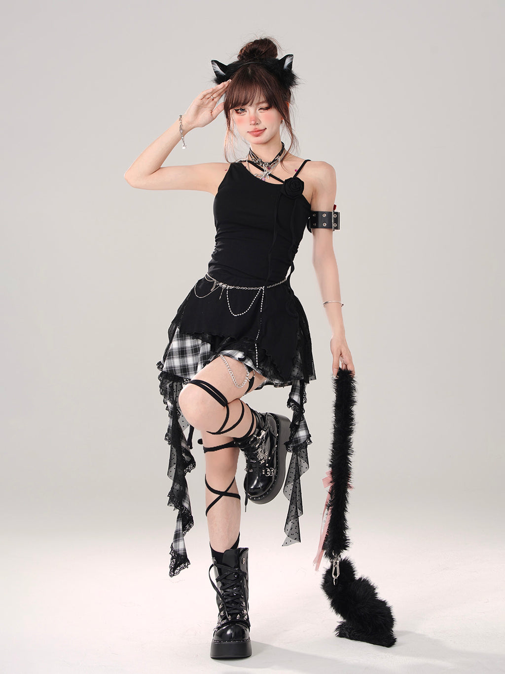Gothic Plaid Mesh Mini Skirt – Asymmetric Kawaii Punk Ruffle Skirt