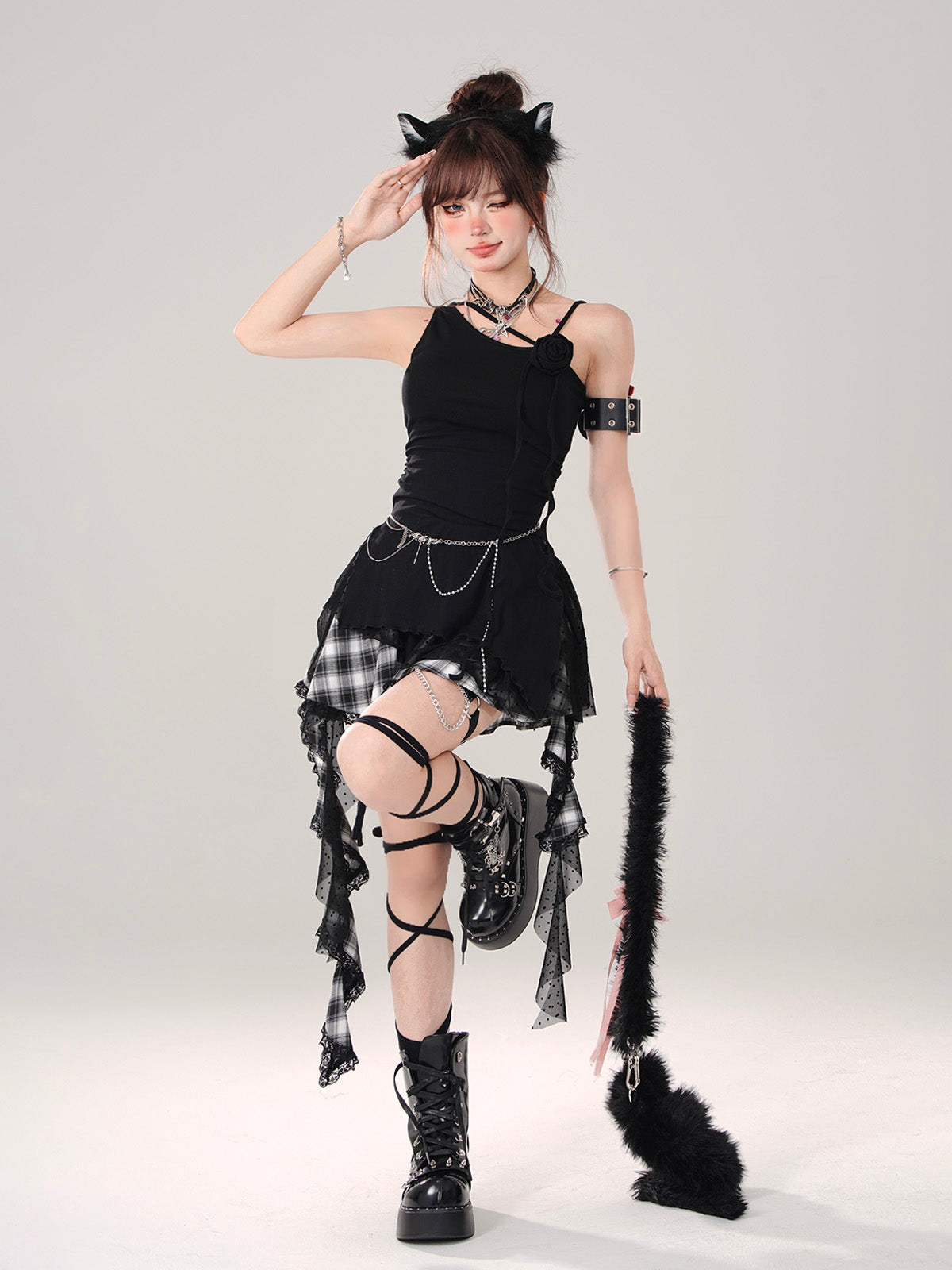 Gothic Plaid Mesh Mini Skirt – Asymmetric Kawaii Punk Ruffle Skirt
