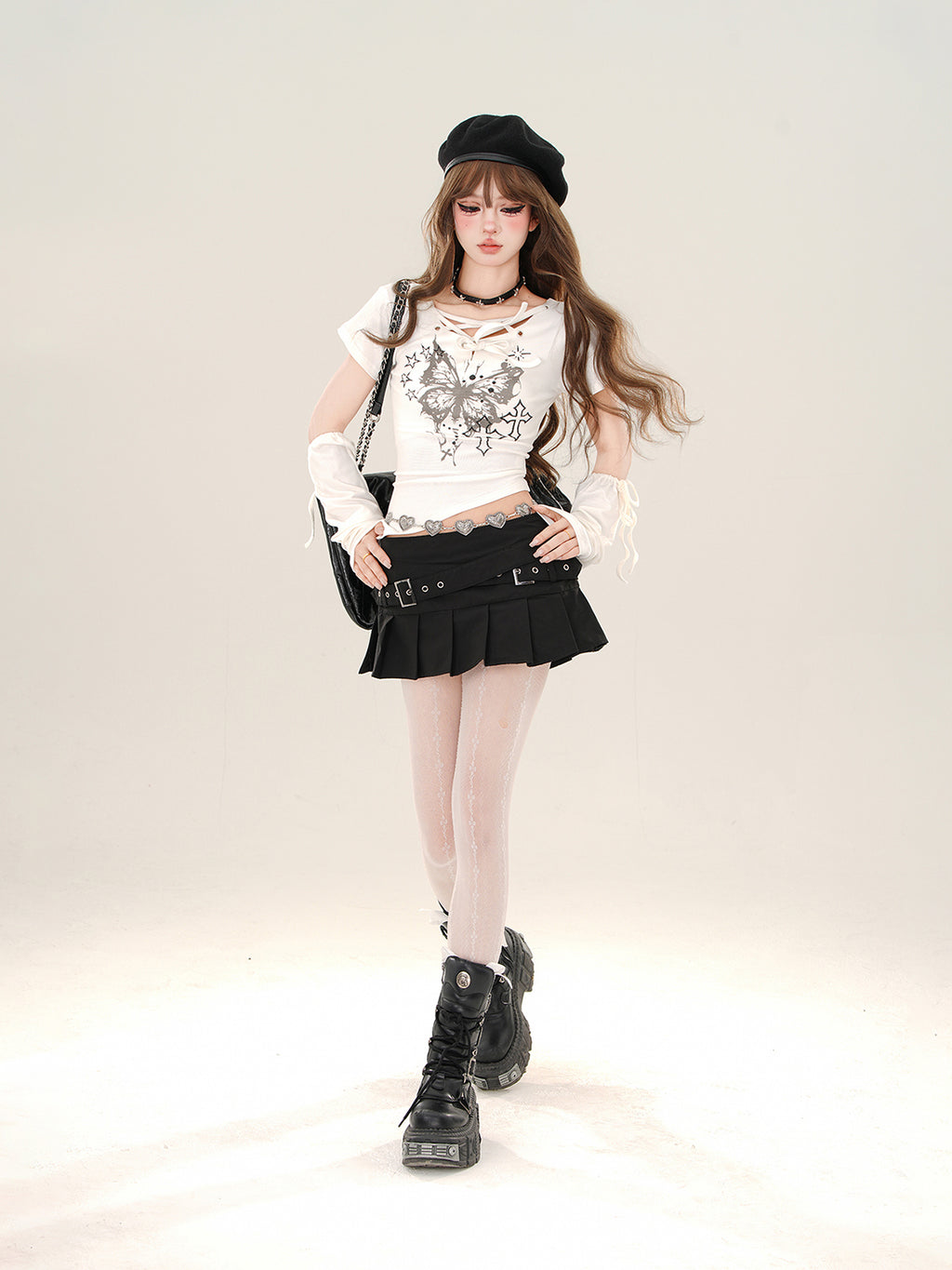 Asymmetric Kawaii Butterfly Tee – Slim Fit Cutout Short Sleeve Top with Arm Sleeves